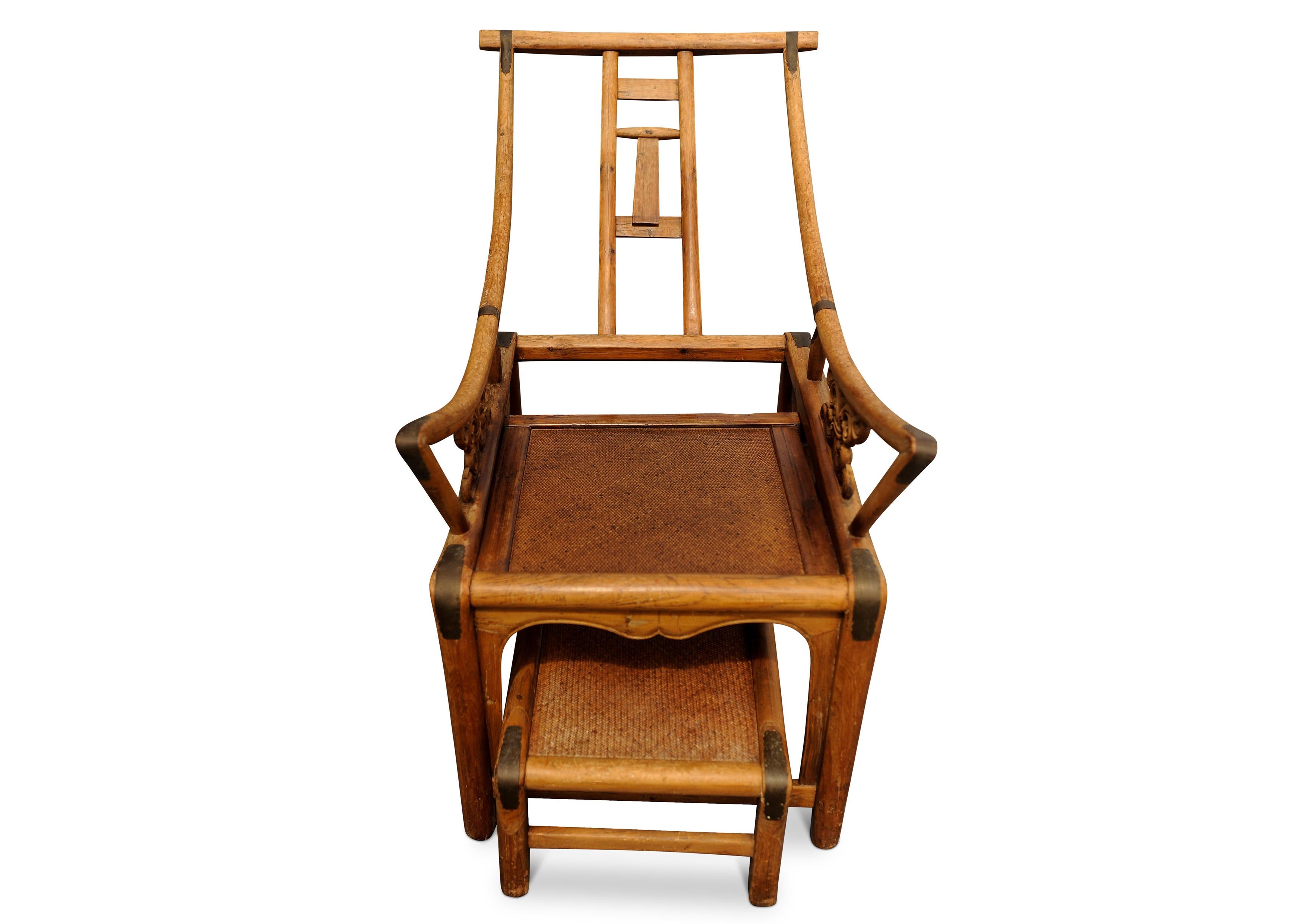 British A Victorian Wishbone Bamboo & Cane Reclining Armchair with Pull Out Ottoman For Sale