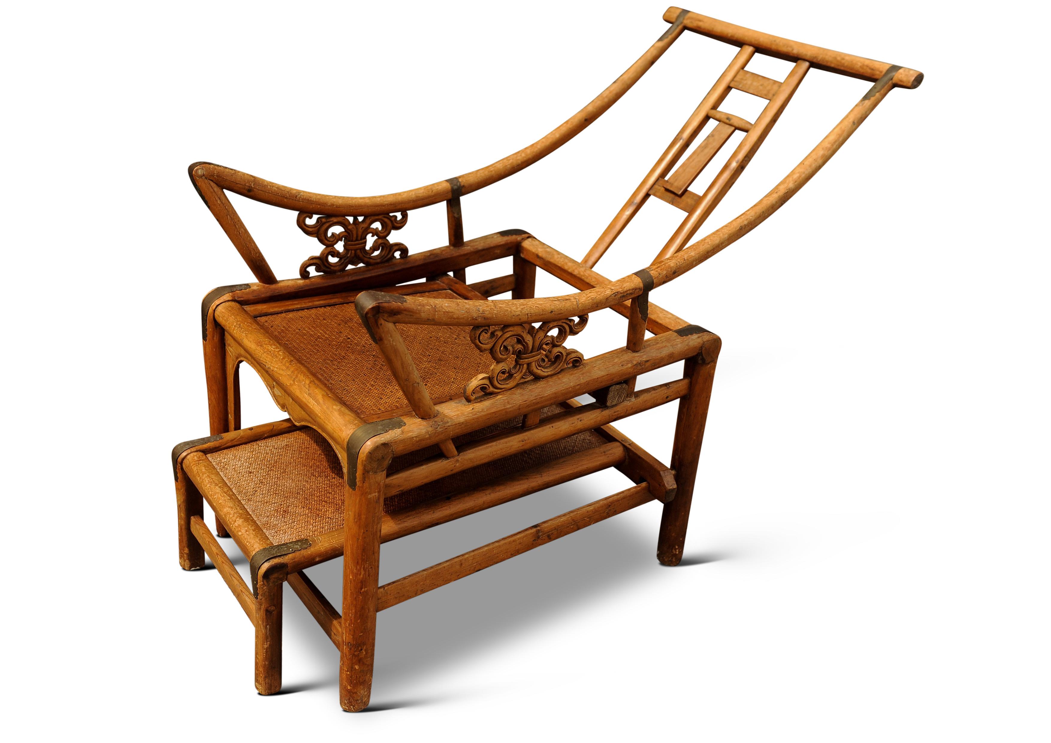 A Victorian Wishbone Bamboo & Cane Reclining Armchair with Pull Out Ottoman In Good Condition For Sale In Reading, Berkshire