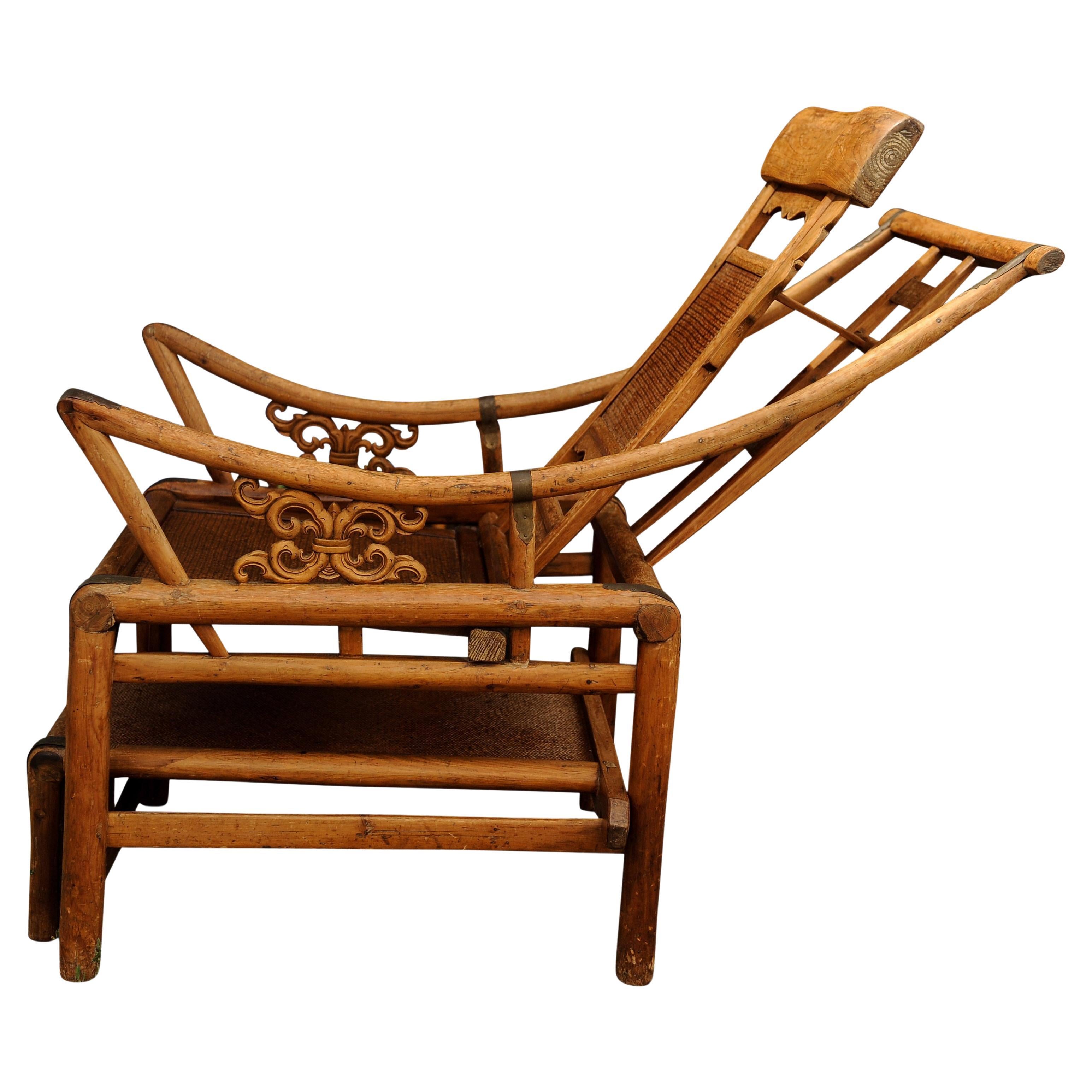 19th Century A Victorian Wishbone Bamboo & Cane Reclining Armchair with Pull Out Ottoman For Sale
