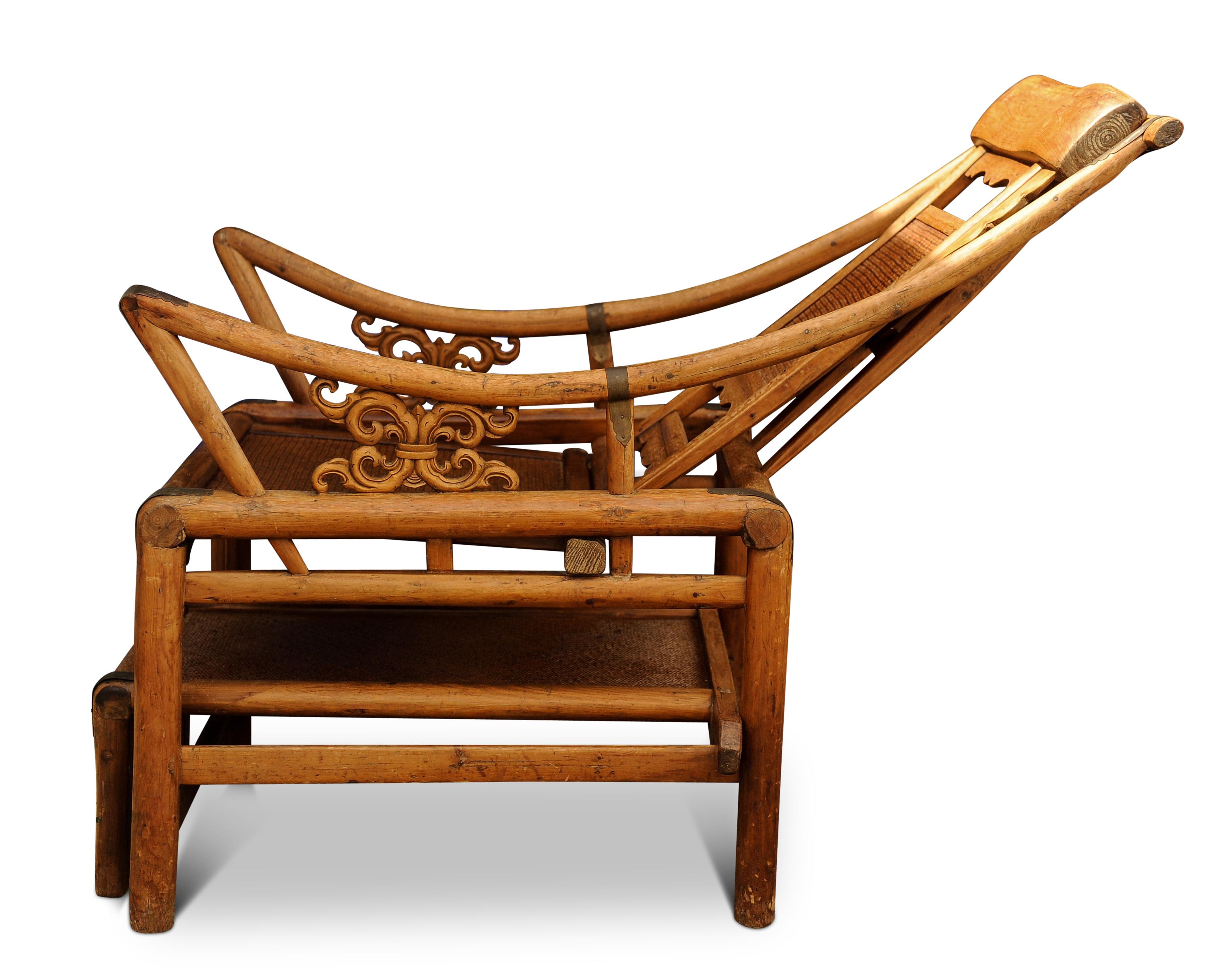 A Victorian Wishbone Bamboo & Cane Reclining Armchair with Pull Out Ottoman For Sale 1