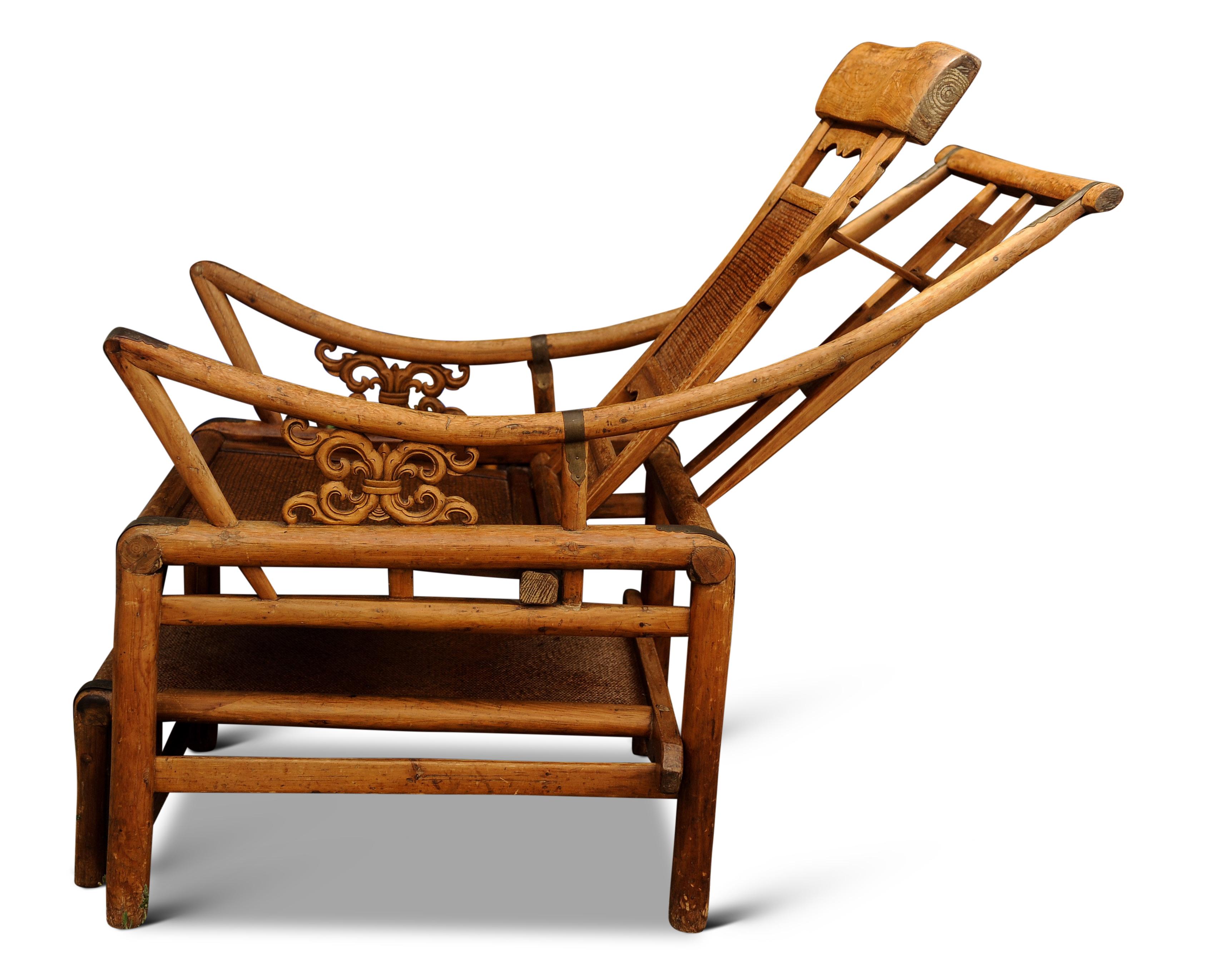 A Victorian Wishbone Bamboo & Cane Reclining Armchair with Pull Out Ottoman For Sale 2