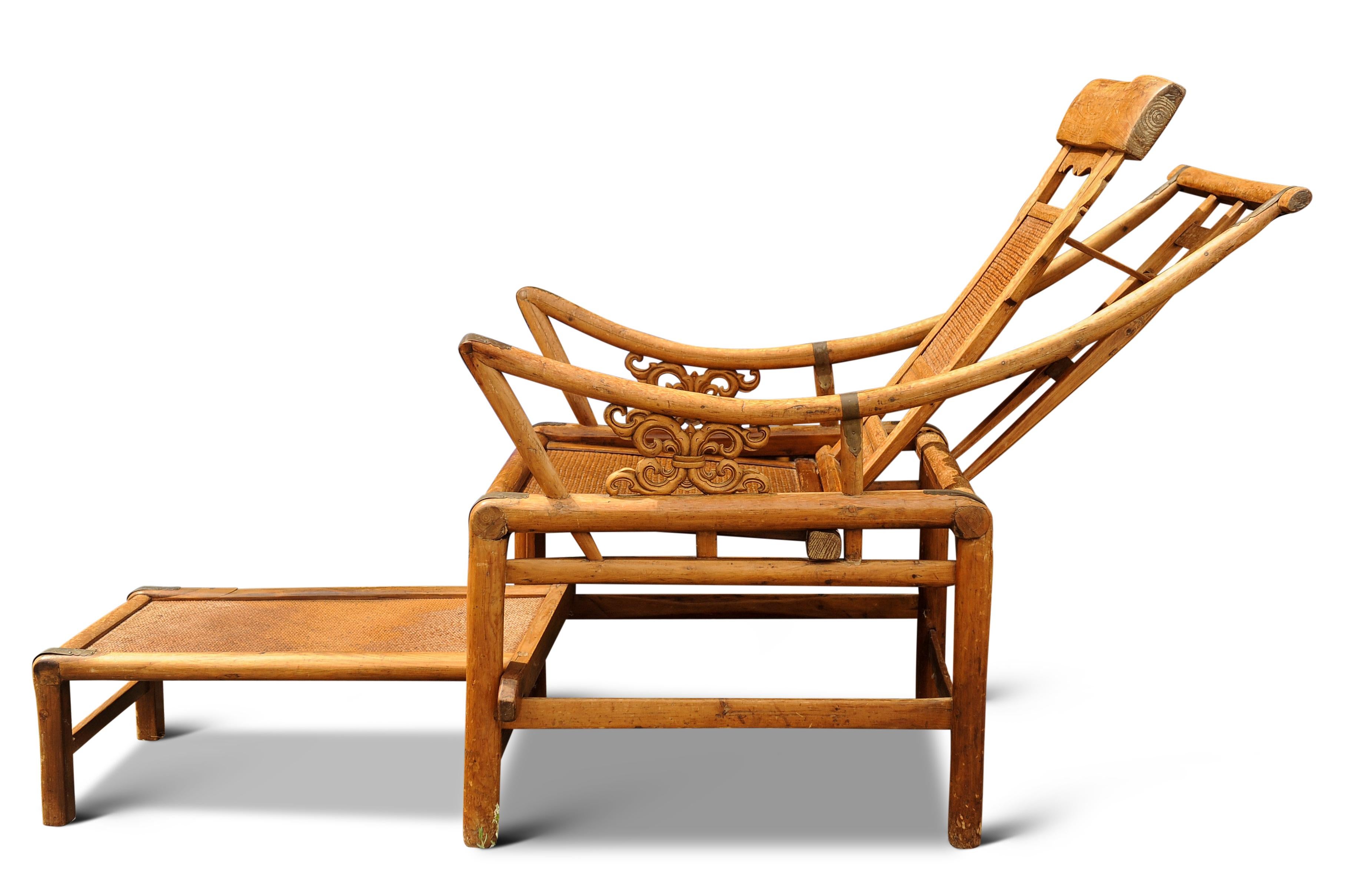 A Victorian Wishbone Bamboo & Cane Reclining Armchair with Pull Out Ottoman For Sale 3