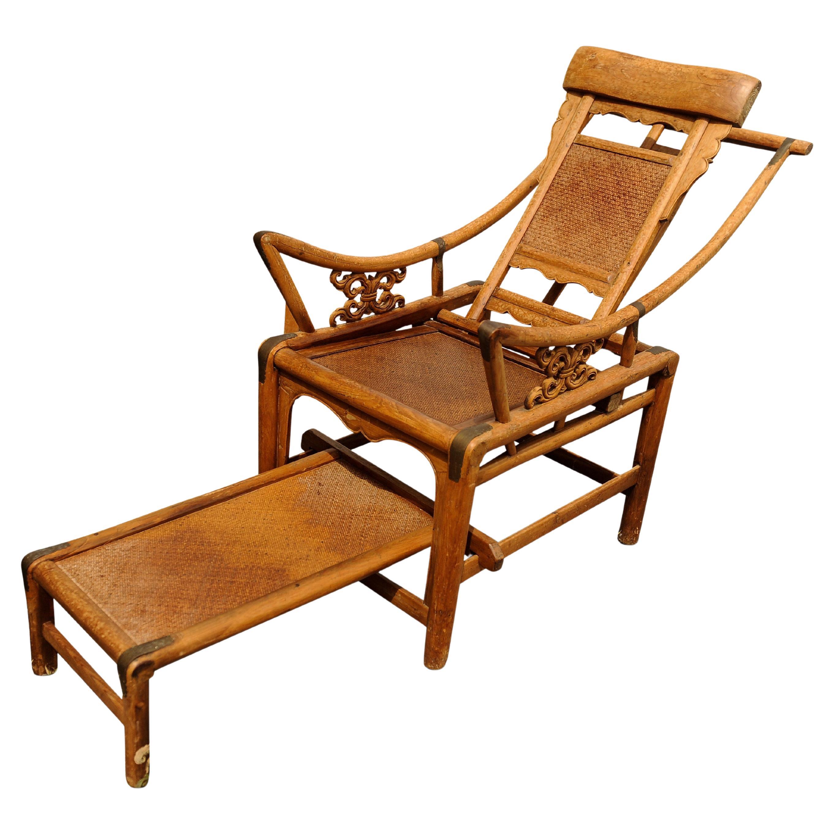 A Victorian Wishbone Bamboo & Cane Reclining Armchair with Pull Out Ottoman For Sale