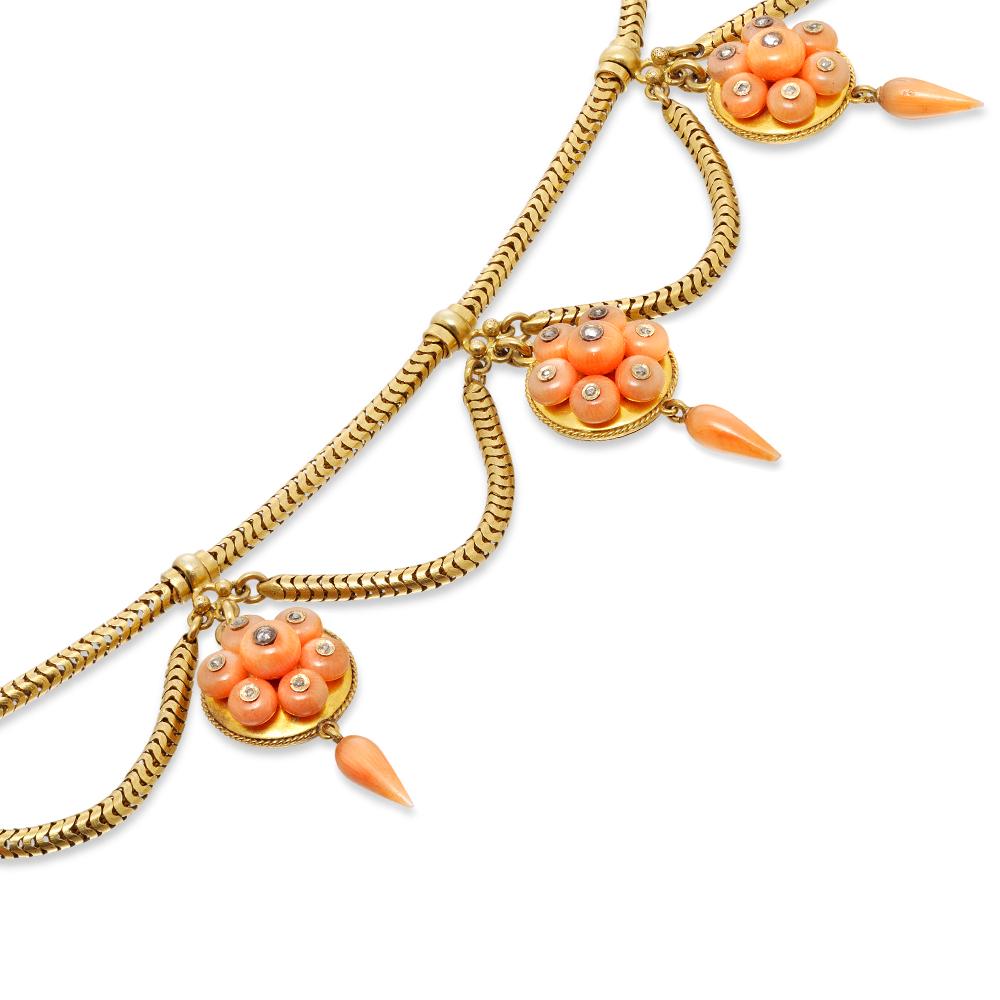 Round Cut Victorian Yellow Gold and Coral Swag Necklace For Sale