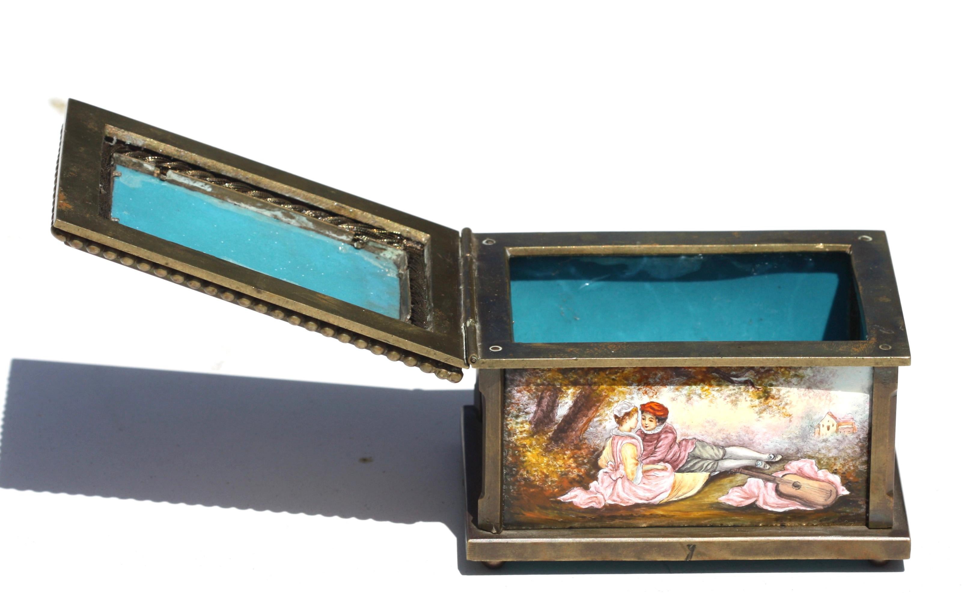 Viennese Enamel & Bronze Box, Decorated with Five Romantic Panels In Good Condition For Sale In West Palm Beach, FL