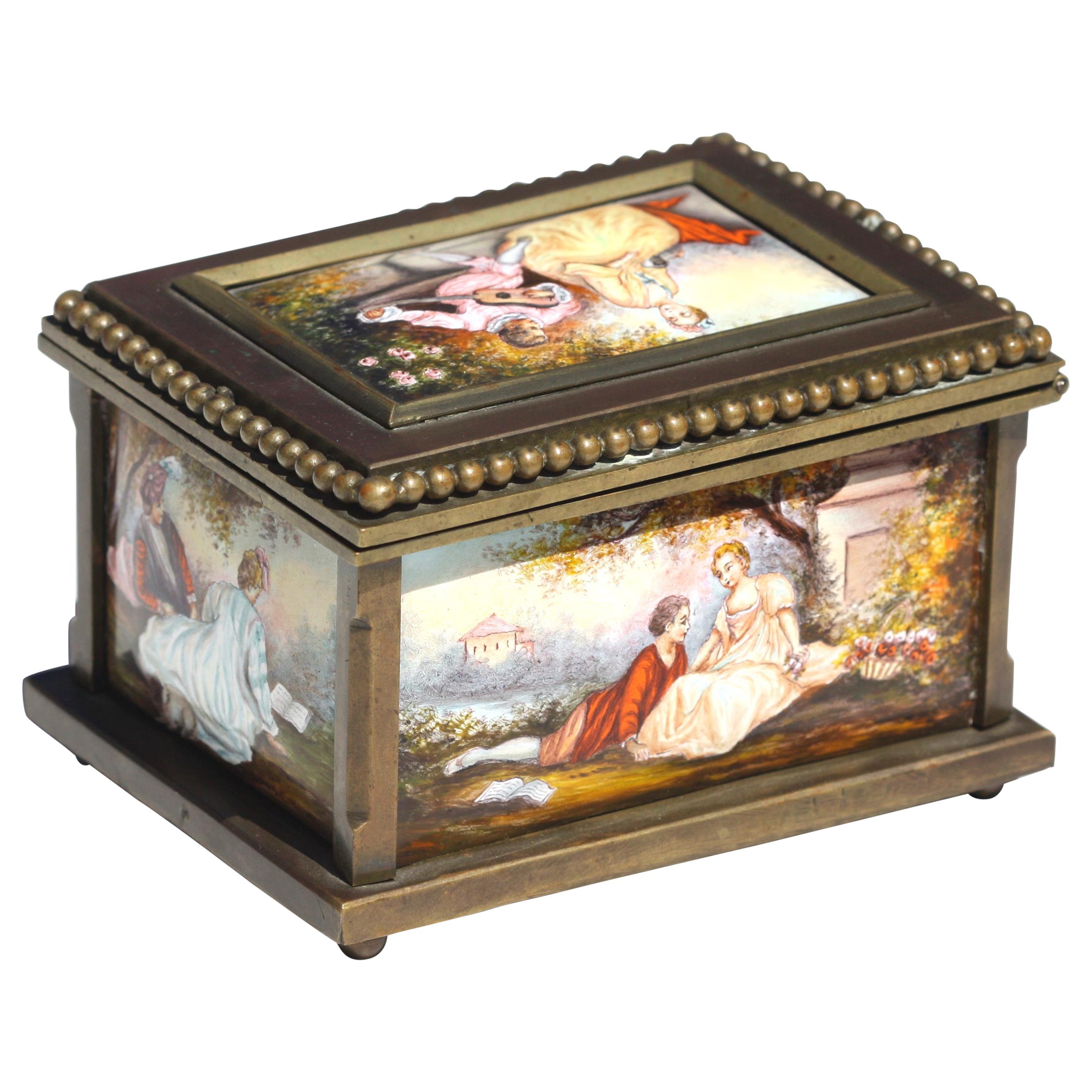 Viennese Enamel & Bronze Box, Decorated with Five Romantic Panels For Sale