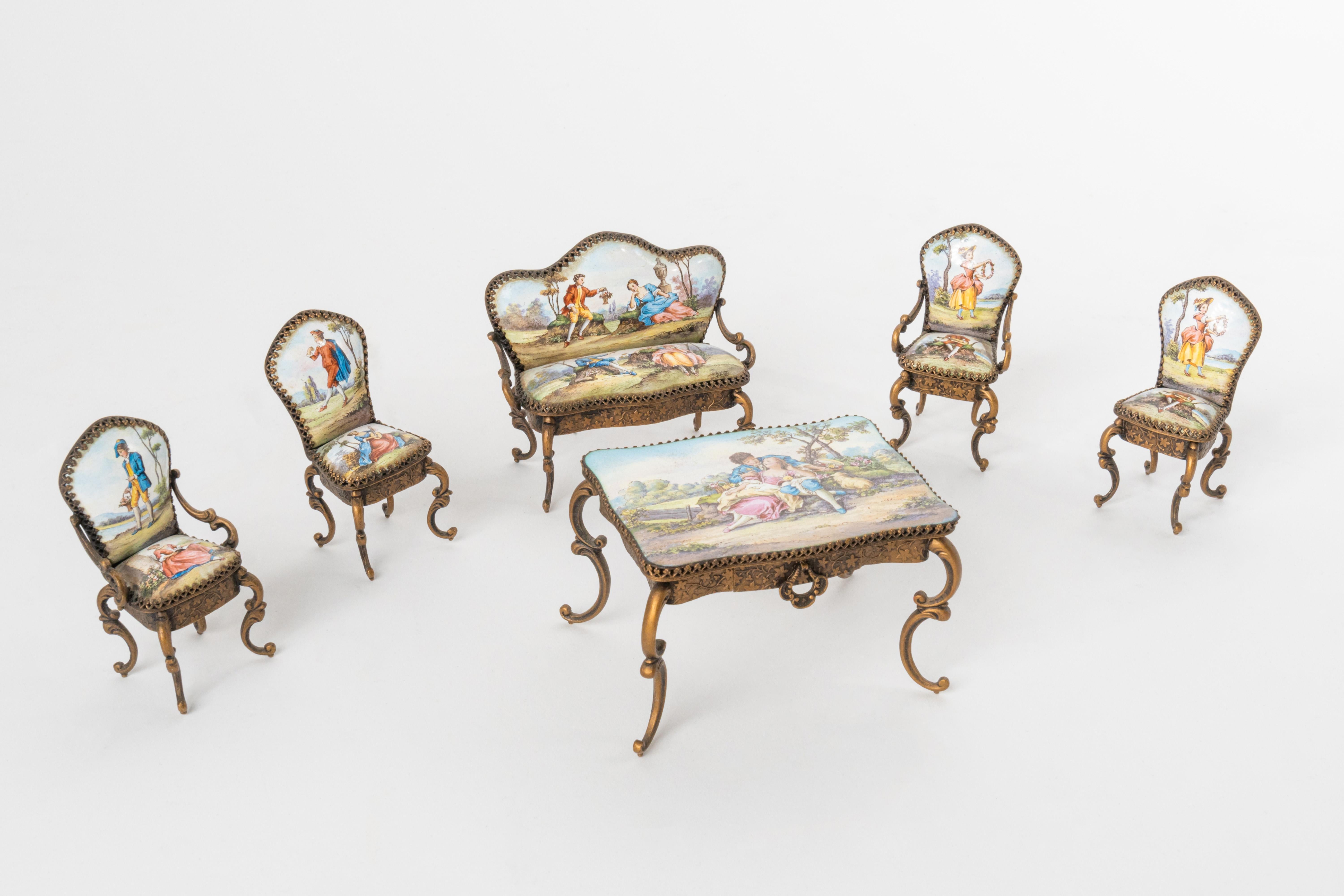 Viennese Gilt Bronze & Enamel Six-Pieces Miniature Salon Suite For Sale 3