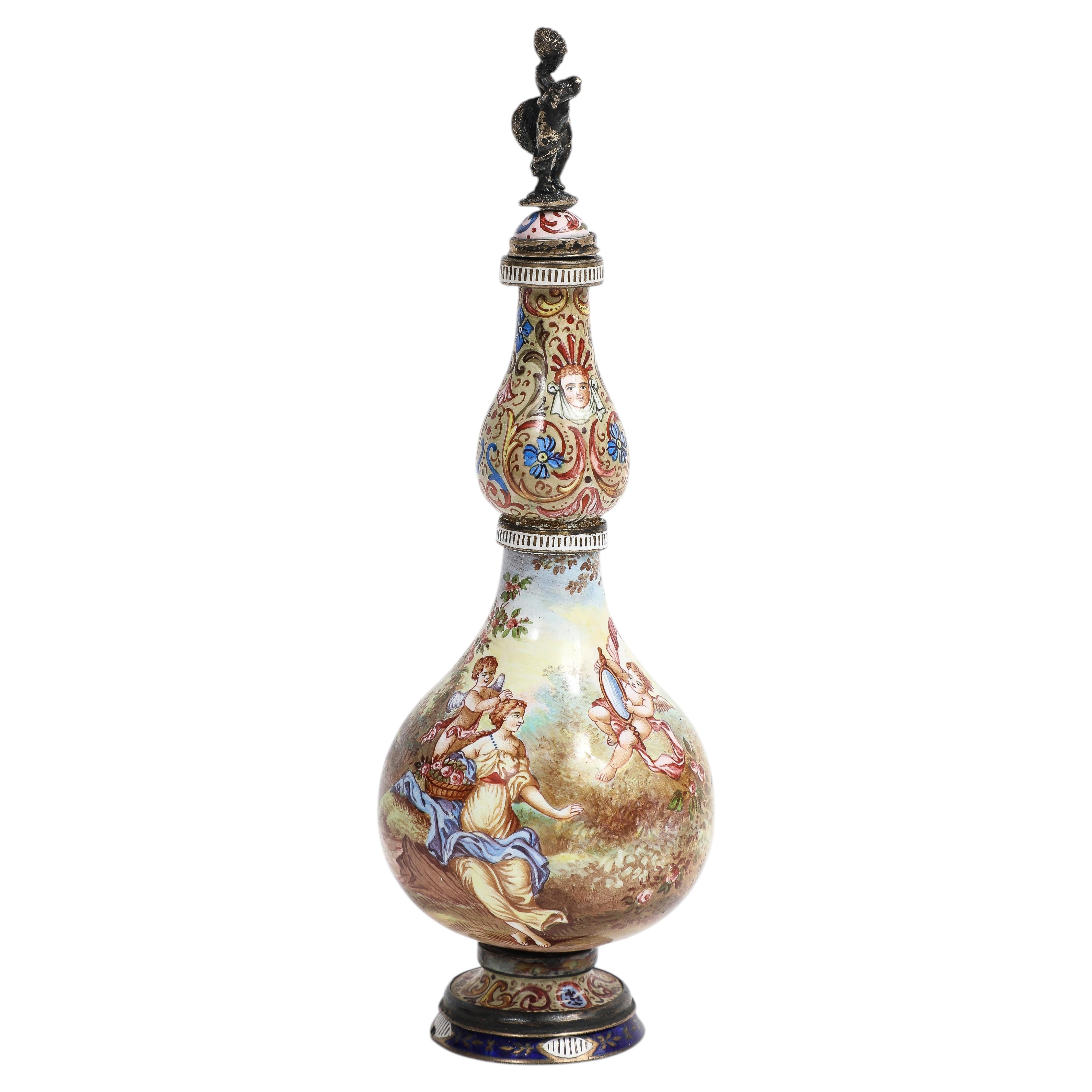 A Viennese Silver and Enamel Perfume Bottle / Scent Bottle with Figural Cover