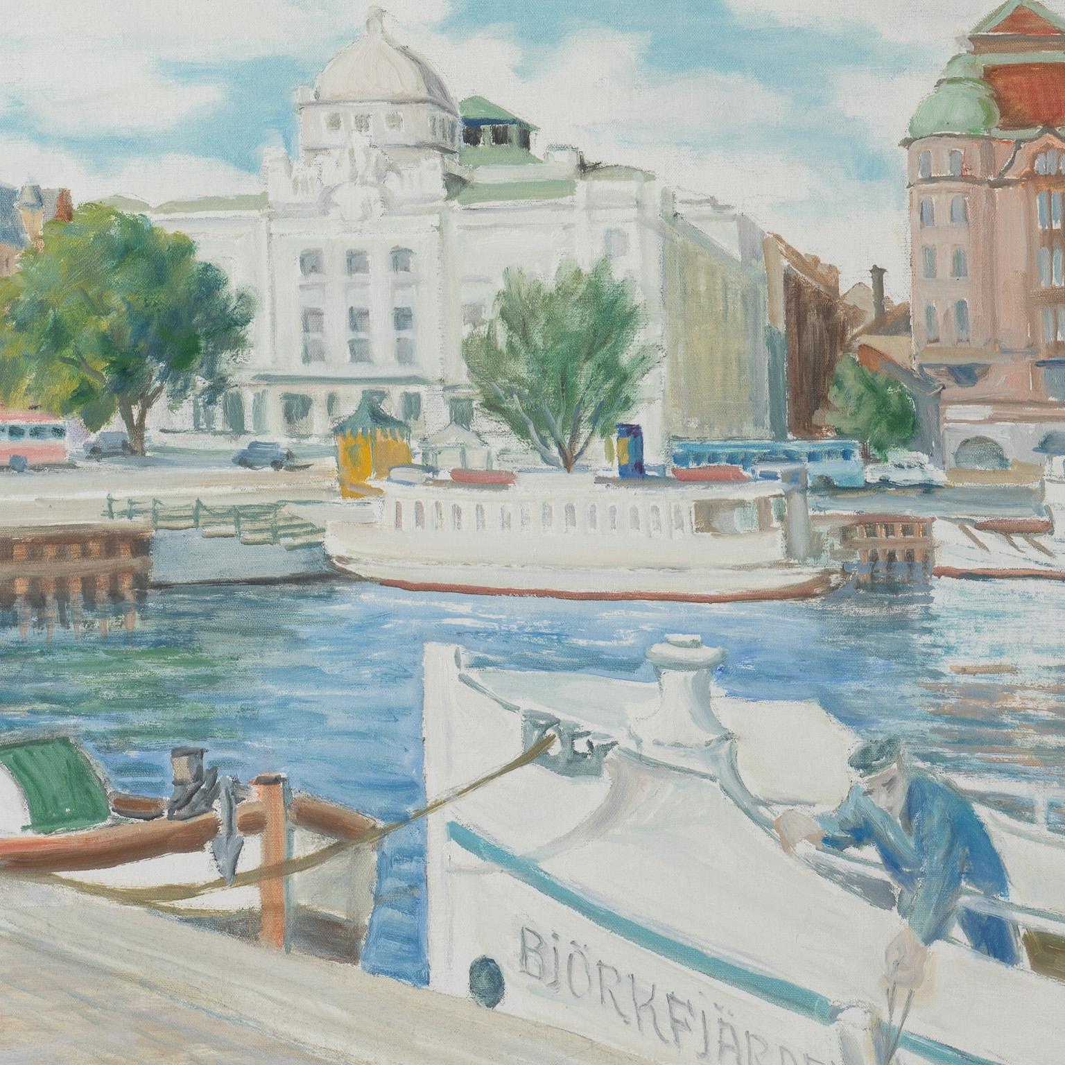 This charming painting depicts the cove at Nybroviken and the bridge that connects two areas of Stockholm. Eriksson has created a vivid scene that shows the activity going on in this busy part of the city. In the background is the Royal Dramatic