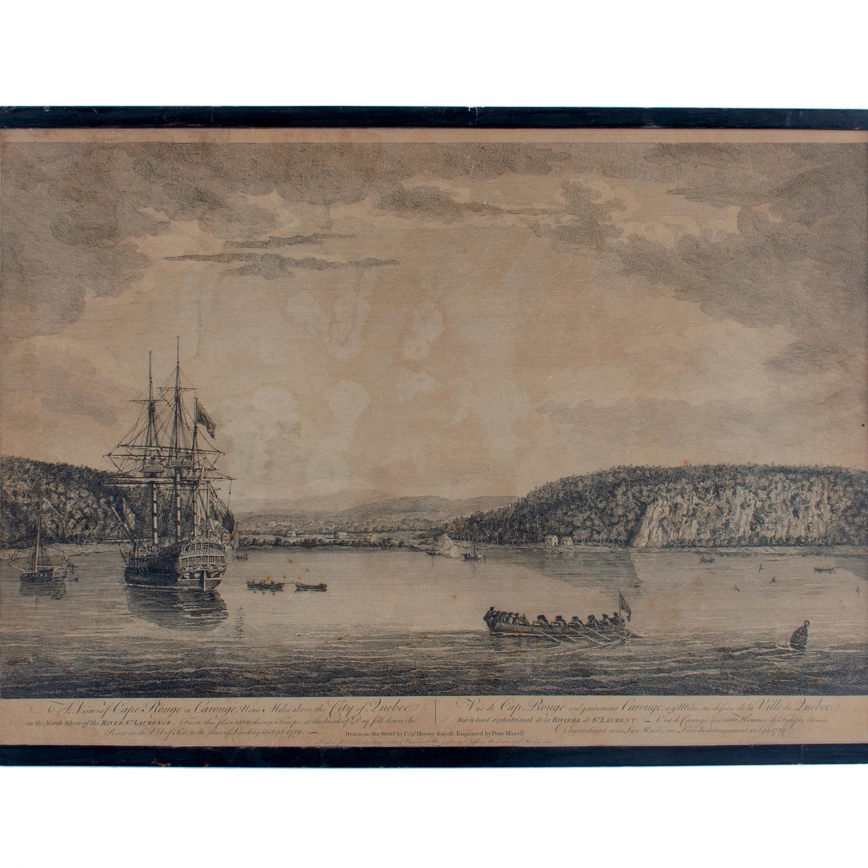 A View of Cape Rouge, or Carouge, on the Saint Lawrence River, north of Quebec.  

Engraving by Peter Mazell after a drawing by Captian Hervey Smyth, published c.1760's, London.  

The image depicts British troops in the water with flags flying set