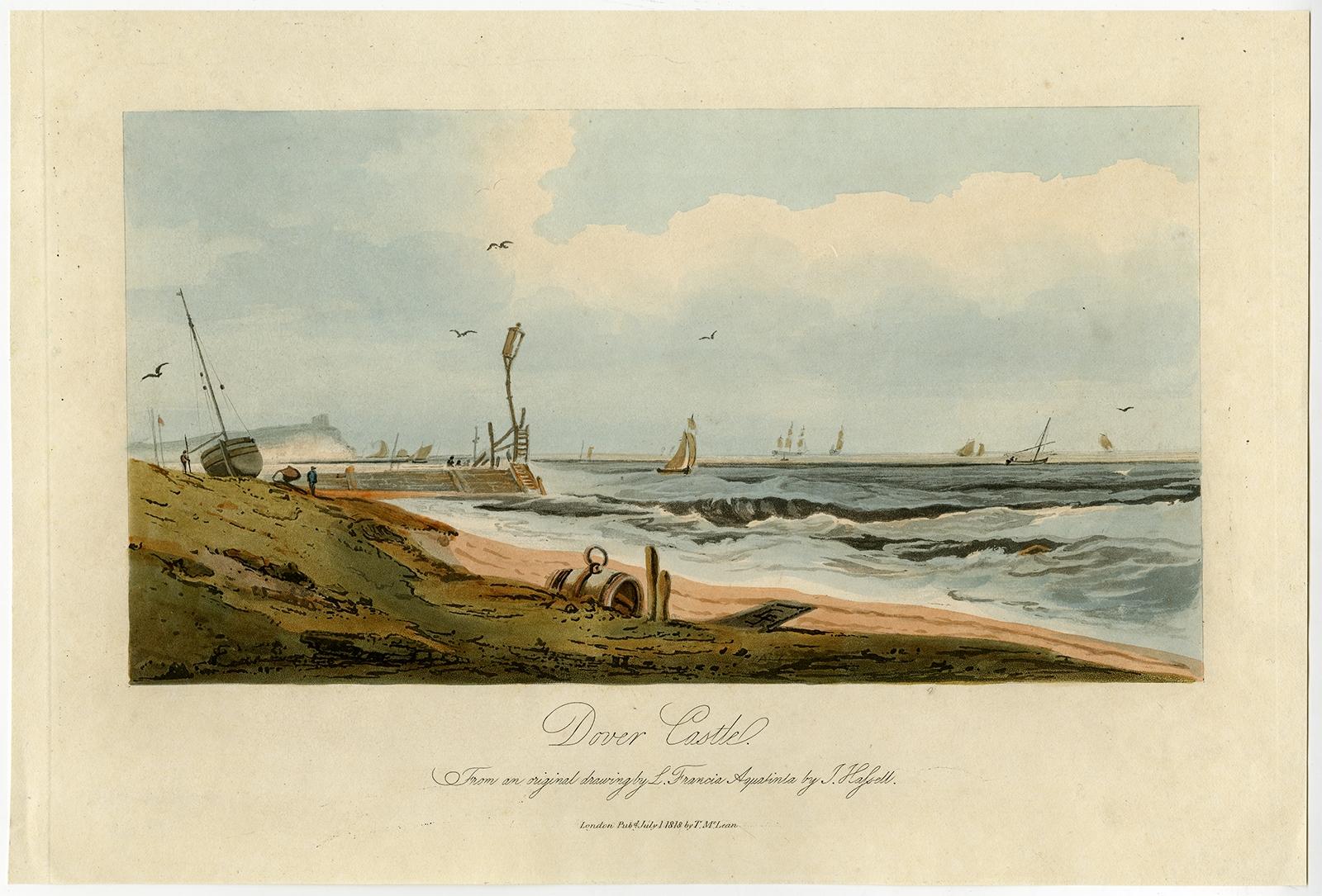 Antique print, titled: 'Dover Castle.' 

A view of the beach and sea with Dover Castle atop the cliffs in the background. Published by T. McLean in 1818.

Artists and Engravers: Made by 'J. Hassell' after 'L. Francia'. John Hassell (1767-1825)