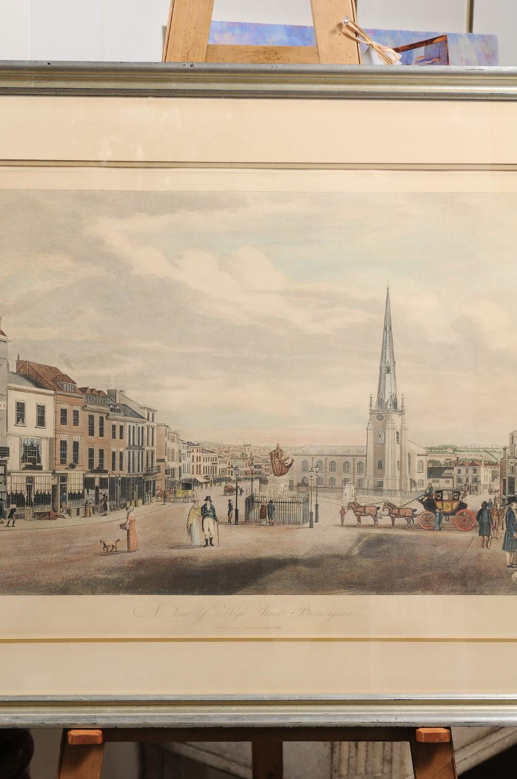 Anglais Vue de la High Street à Birmingham, lithographie encadrée des années 1810 signée T. Hollins en vente