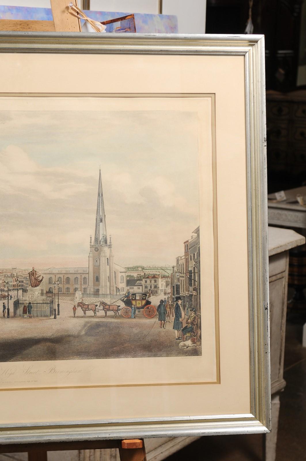 Gilt View of High Street Birmingham, 1810s Framed Lithograph Signed T. Hollins For Sale