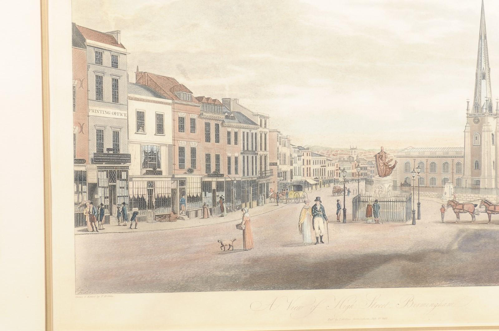 Vue de la High Street à Birmingham, lithographie encadrée des années 1810 signée T. Hollins Bon état - En vente à Atlanta, GA