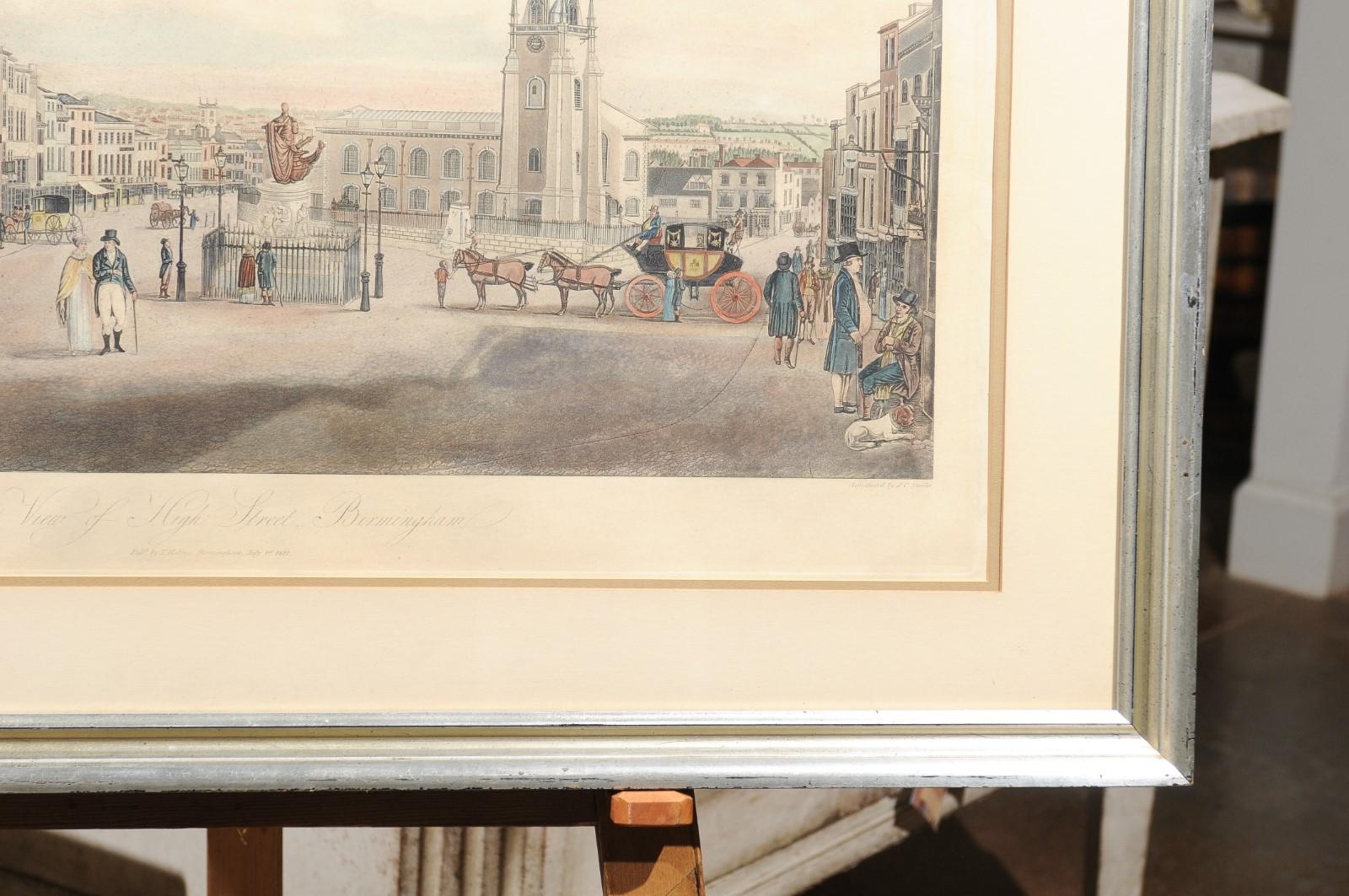19th Century View of High Street Birmingham, 1810s Framed Lithograph Signed T. Hollins For Sale