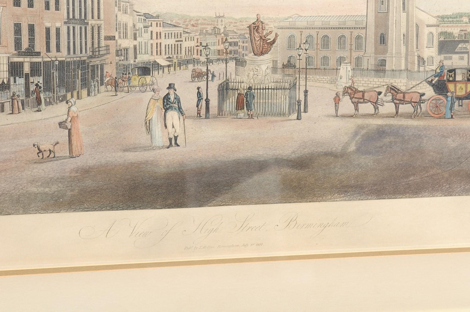 Vue de la High Street à Birmingham, lithographie encadrée des années 1810 signée T. Hollins en vente 1