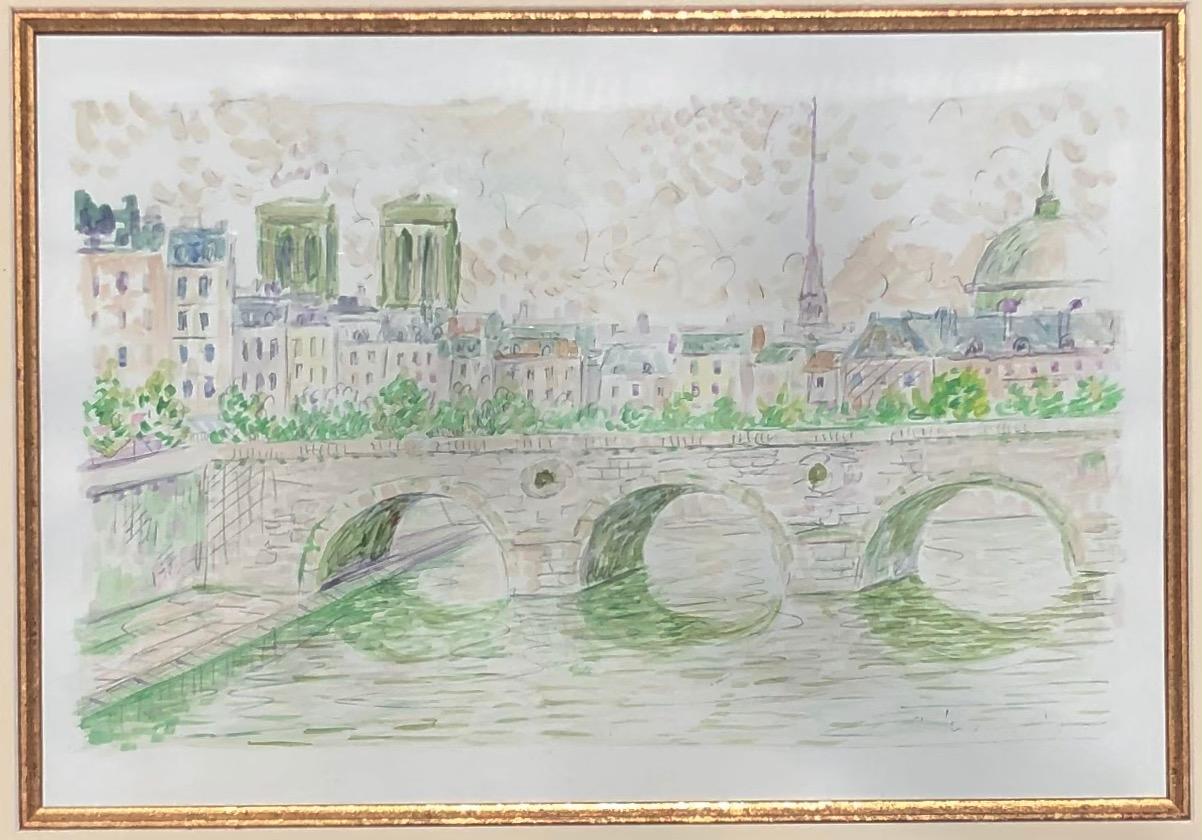 Gouache of Paris, 'L’ile St Louis' by Serge Mendjisky, signed and dated lower right and inscribed with title on reverse. The piece including frame measures 21