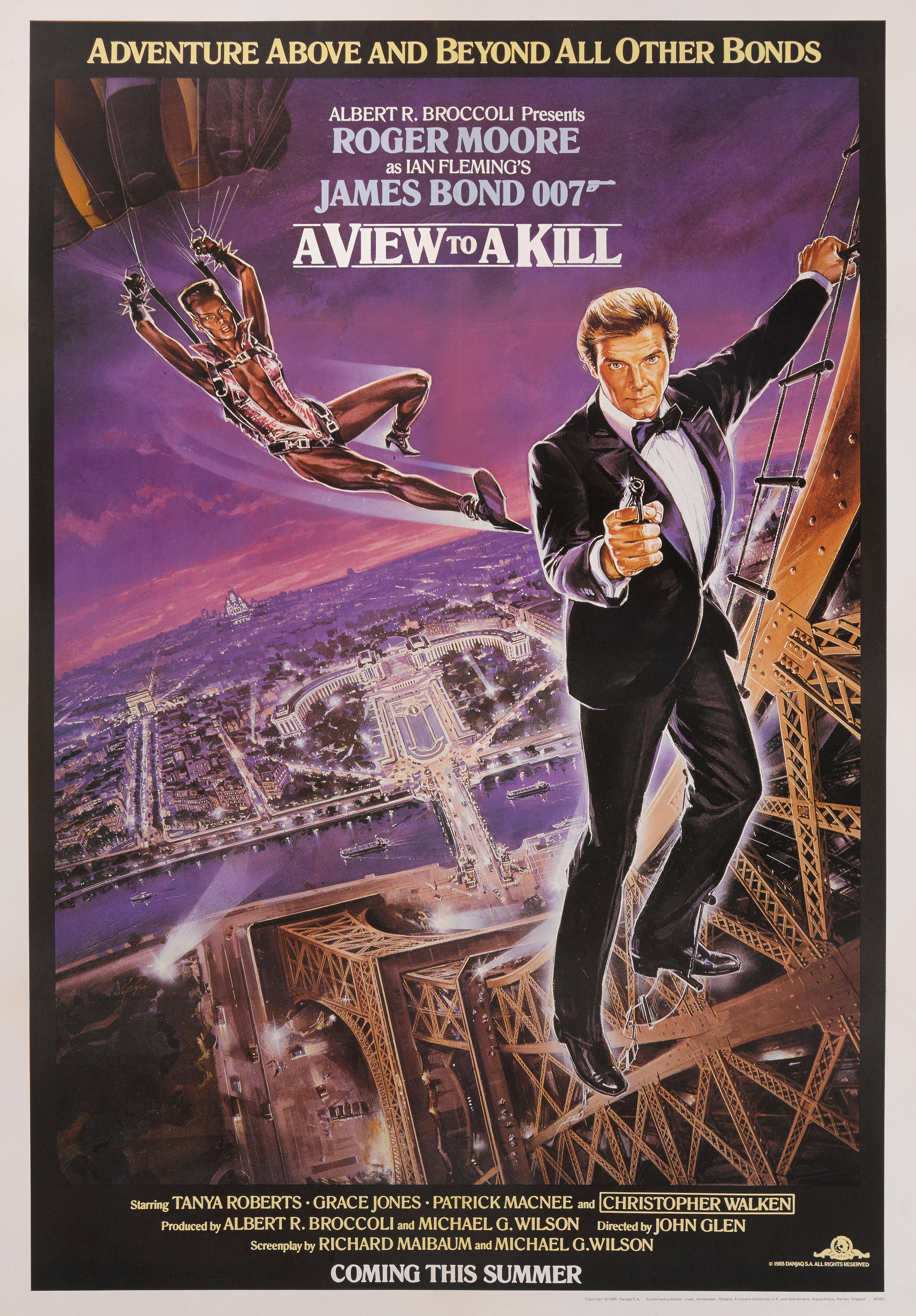 Original US Advance purple style film poster for Roger Moore andGrace Jones 1985 Bond film.
This film was directed by John Glen.
This poster is conservation linen backed It would be shipped rolled in a strong tube and shipped by Federal Express.