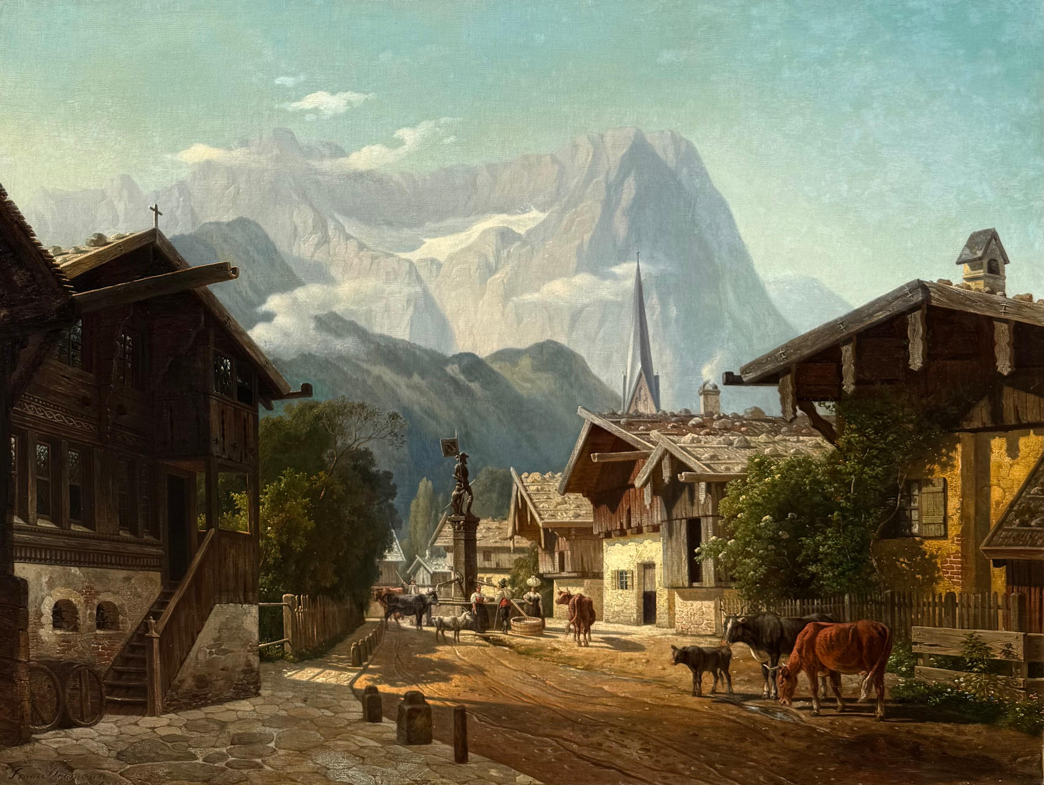 Óleo sobre lienzo, firmado y fechado en la esquina inferior izquierda.  Vista de Floriansplatz, Garmisch-Partenkirchen.  Mide 34,5