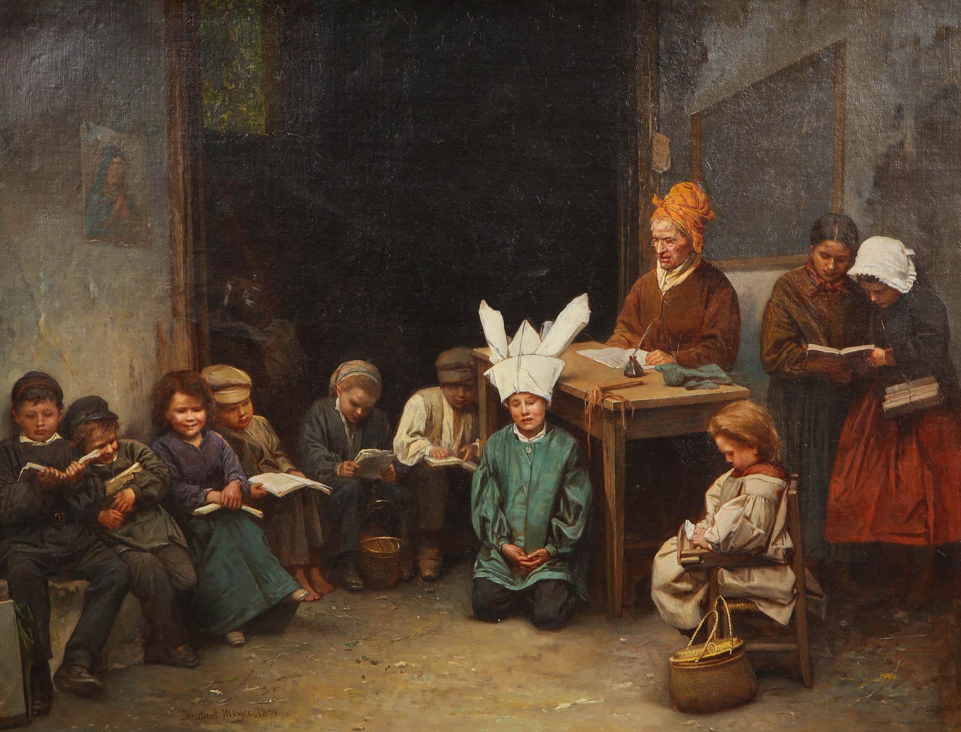 A beautiful American oil on canvas school room scene with a teacher instructing students who are seated on benches and on the ground, with one student who appears to be wearing a dunce cap, signed on the lower left, 