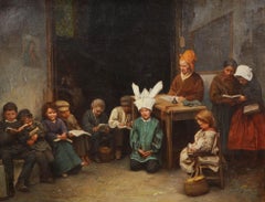 "A Village School" American Oil on Canvas, Kids in Class, Constant Mayer, 1871