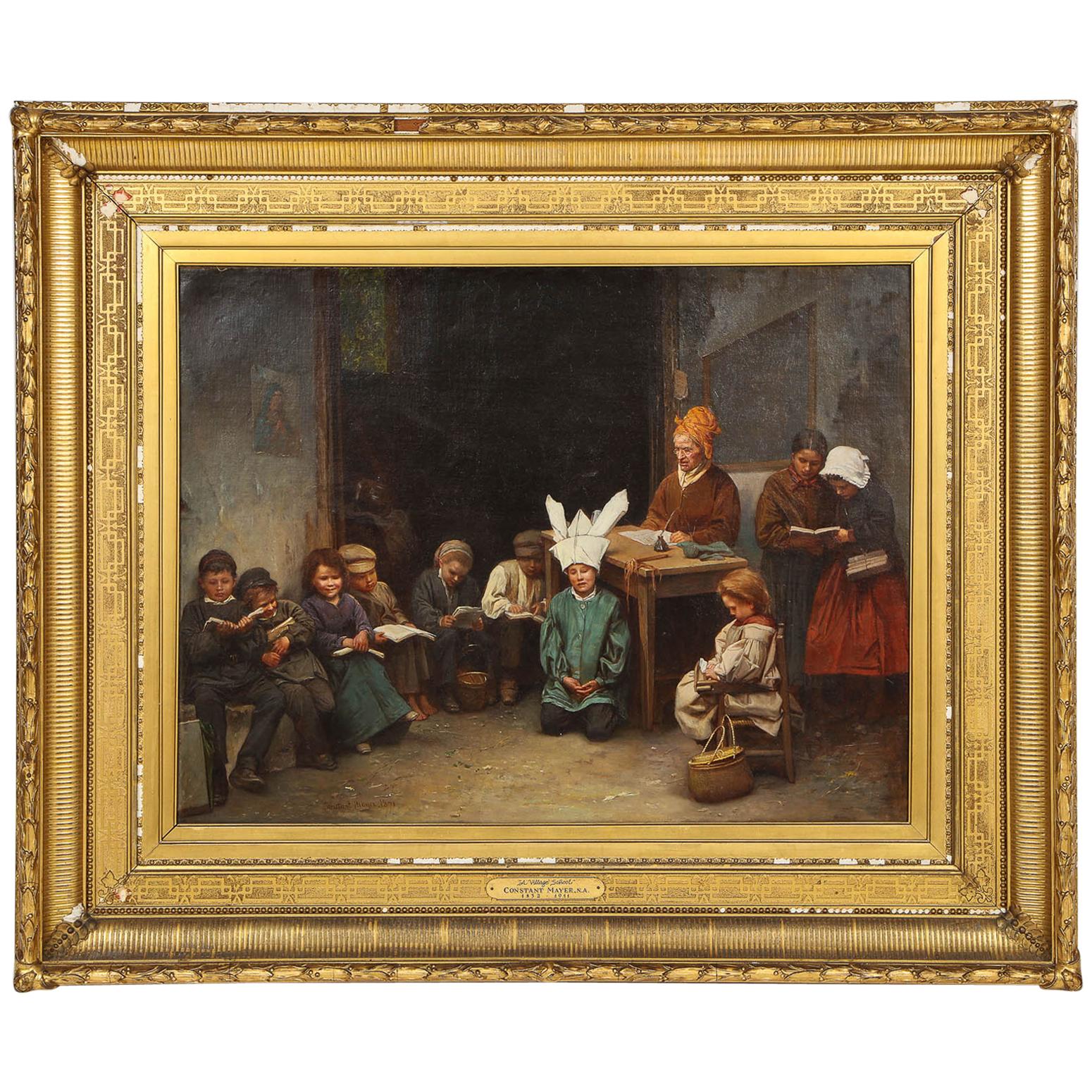 "A Village School" American Oil on Canvas, Kids in Class, Constant Mayer, 1871 For Sale