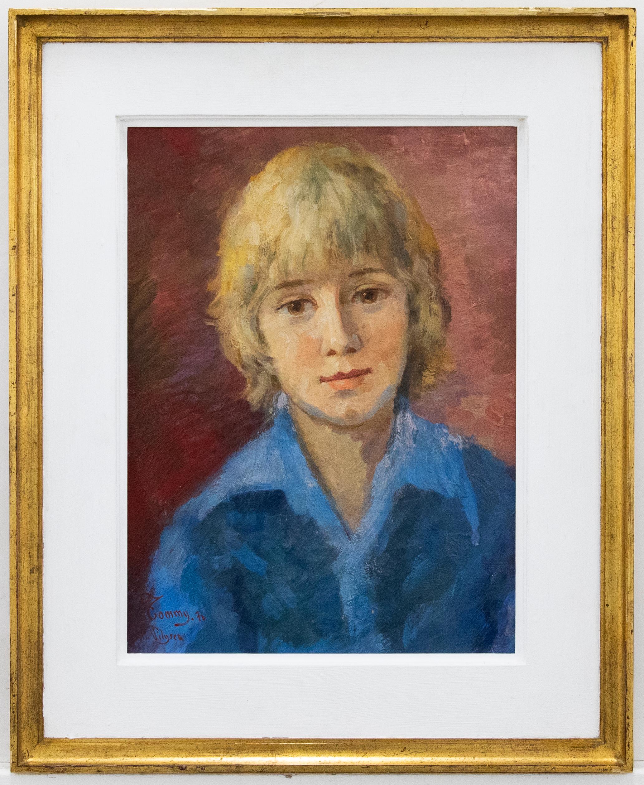 A delightful mid-century portrait of a young boy set against a red backdrop. The expressive portrait is well presented in a vintage gilt frame with painted slip. Signed, dated and inscribed to the lower left. On canvas on stretchers. 