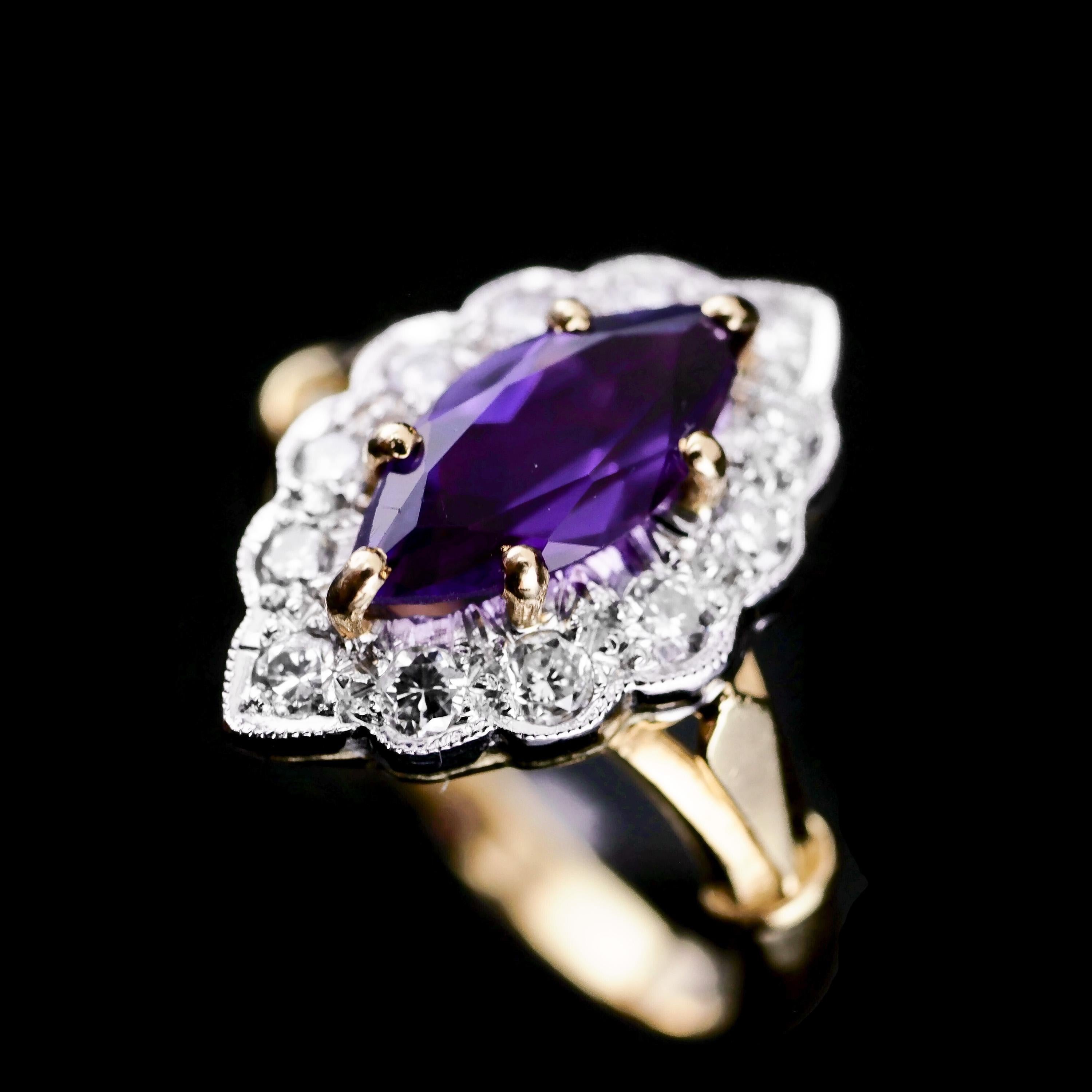 Marquise Cut Vintage 18k Gold Amethyst & Diamond Marquise/Navette Cluster Ring