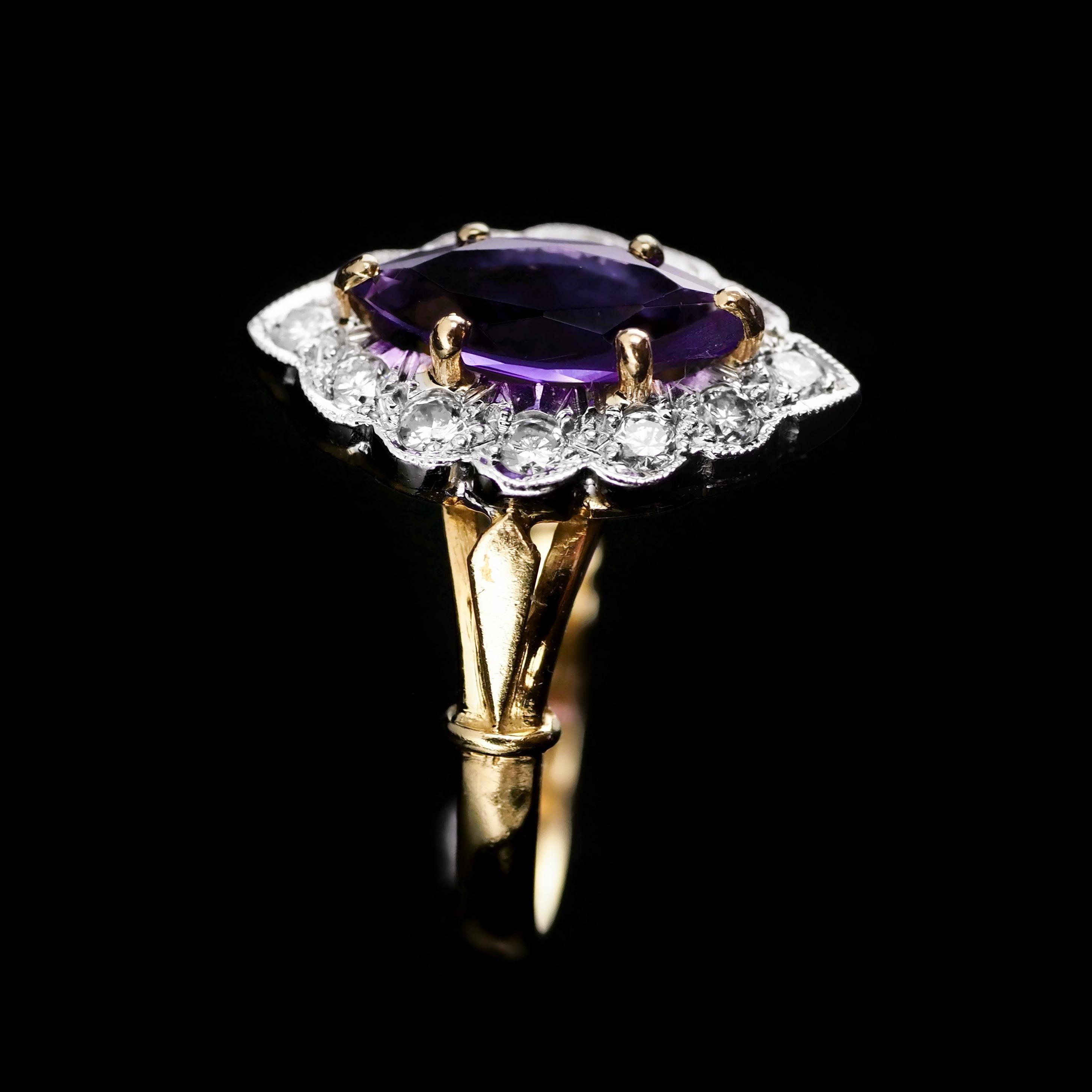 Vintage 18k Gold Amethyst & Diamond Marquise/Navette Cluster Ring In Good Condition In London, GB