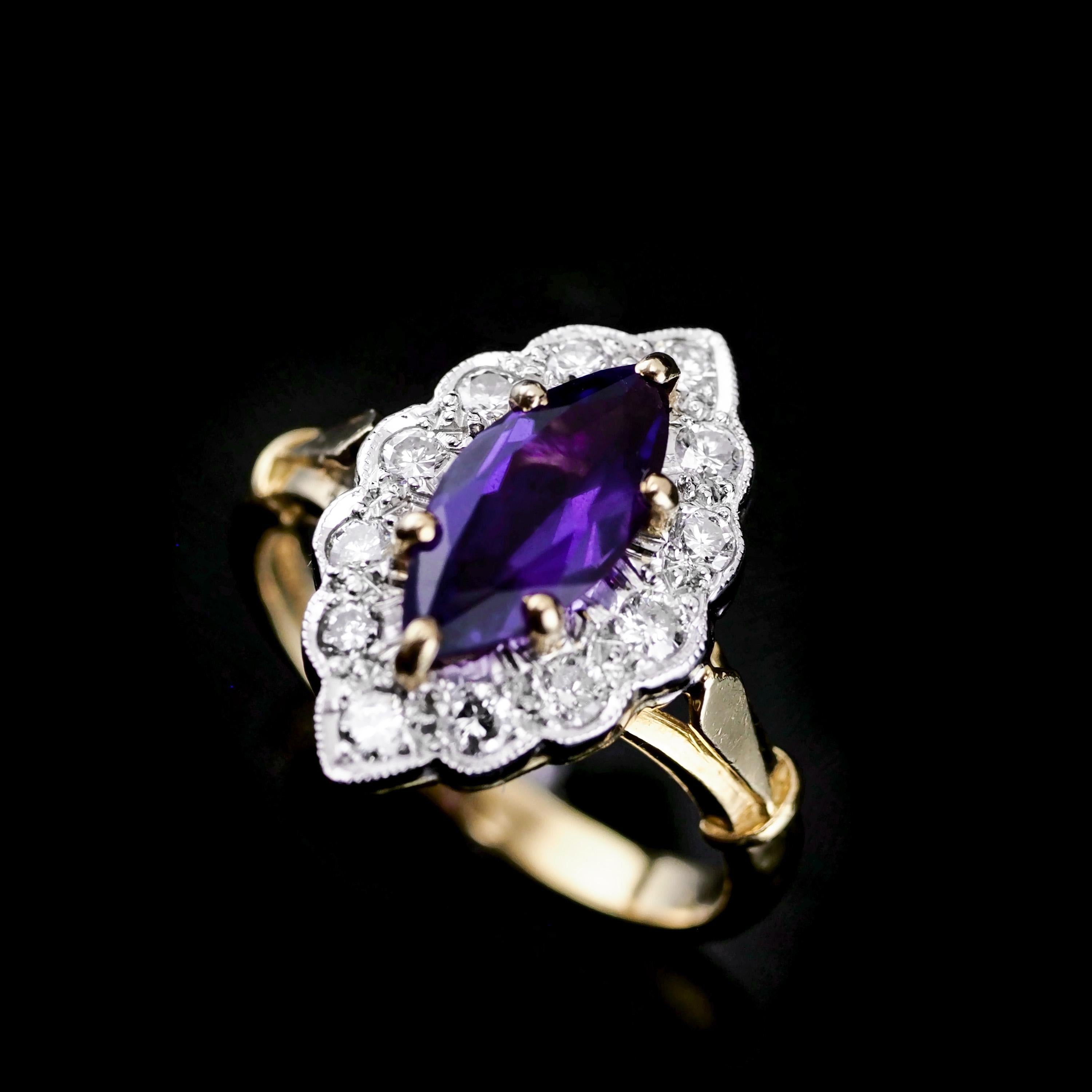 Women's or Men's Vintage 18k Gold Amethyst & Diamond Marquise/Navette Cluster Ring