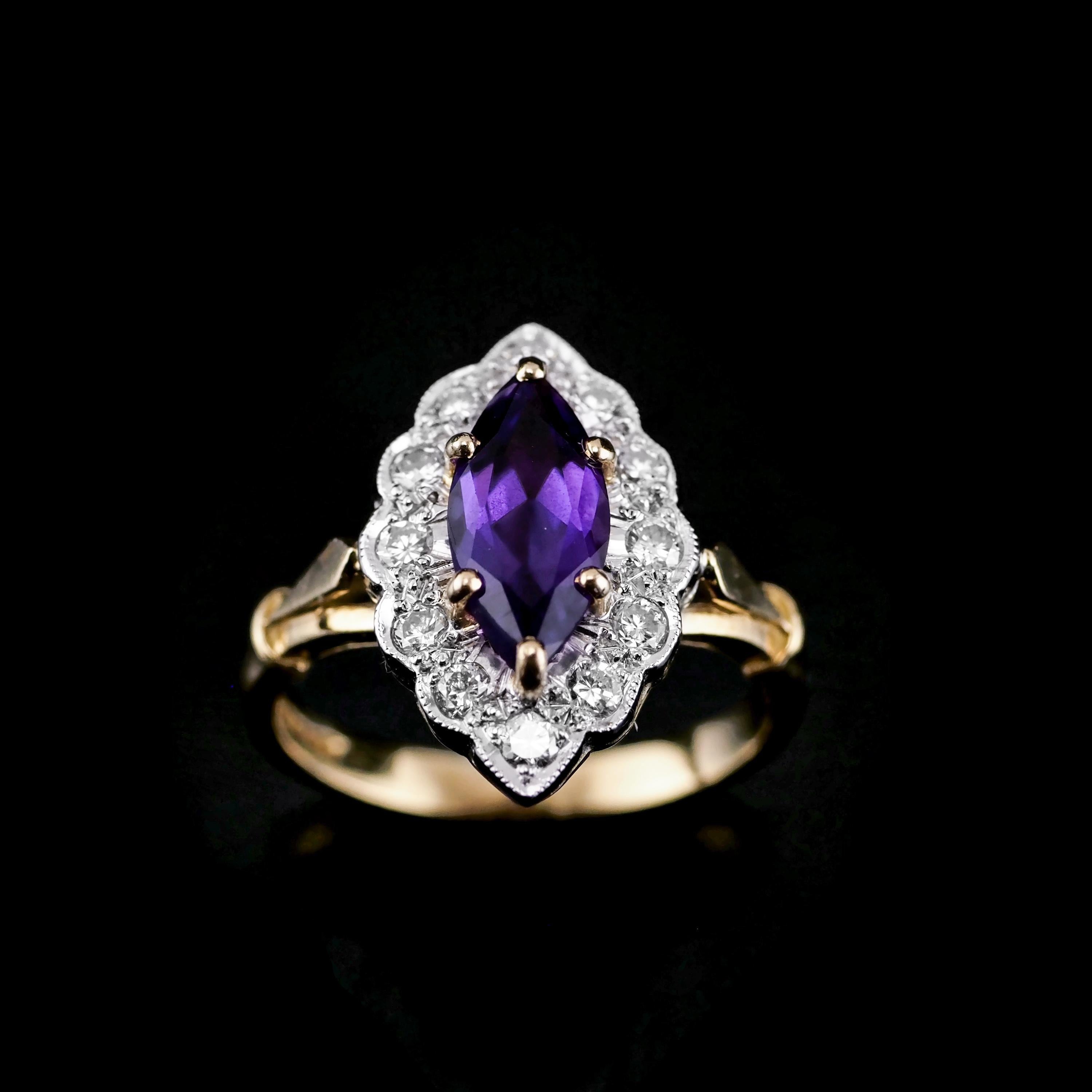 Vintage 18k Gold Amethyst & Diamond Marquise/Navette Cluster Ring 1