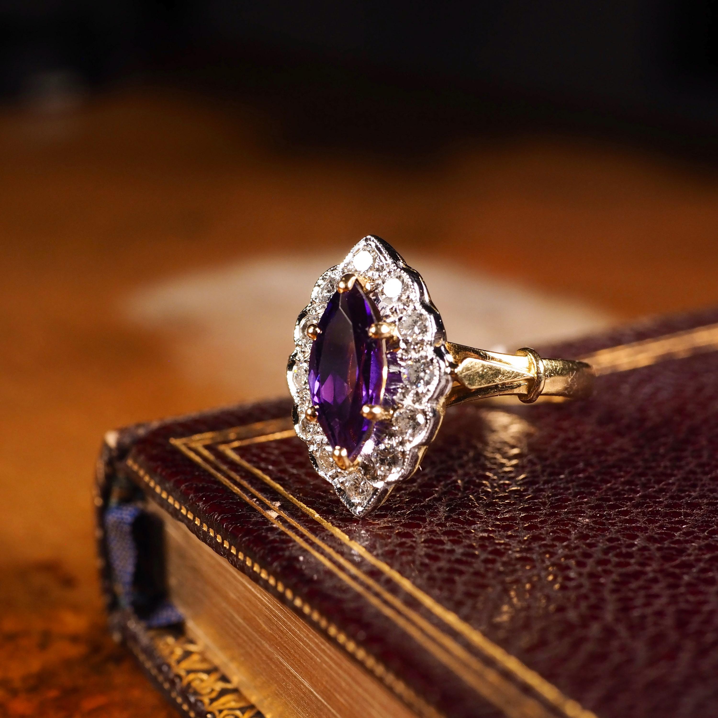 Vintage 18k Gold Amethyst & Diamond Marquise/Navette Cluster Ring 2