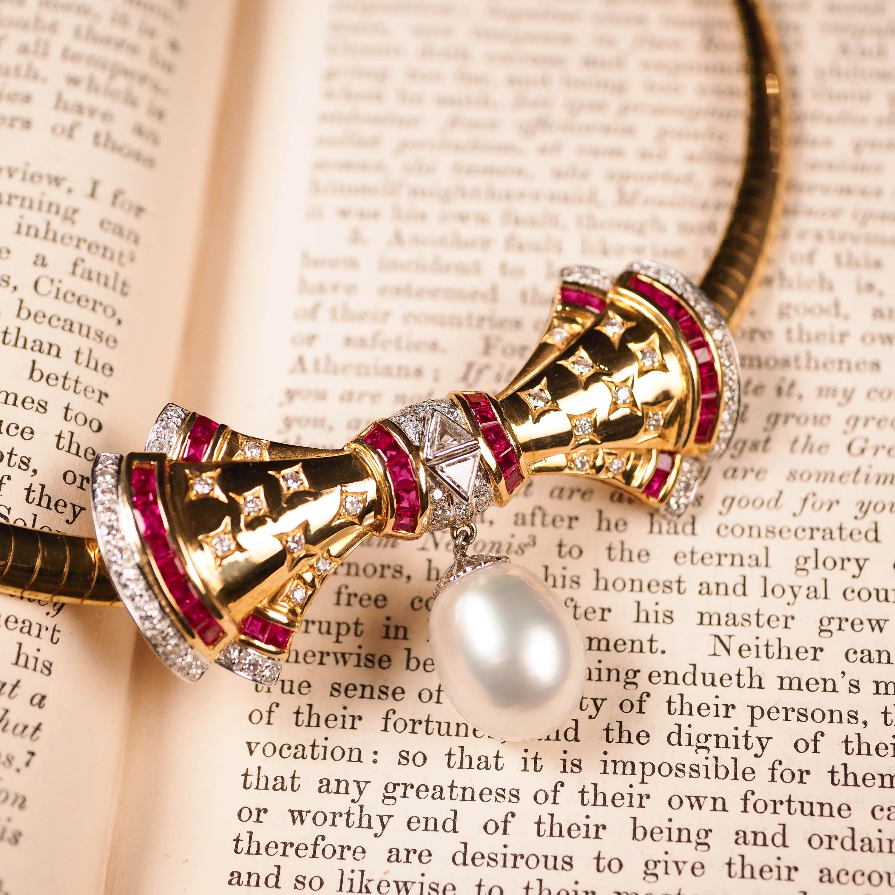 Halskette aus 18 Karat Gold mit Rubin, Diamant und Perlenschleife  im Angebot 6