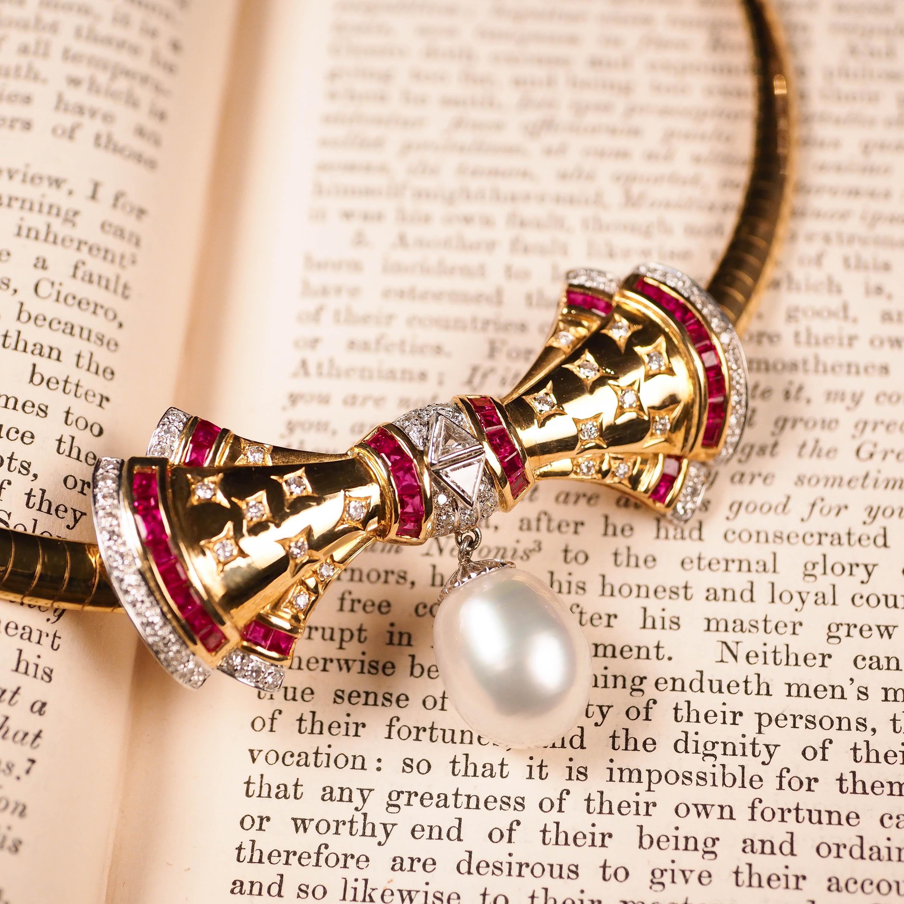 Collier ras du cou vintage en or 18K avec rubis, diamants et perles en vente 6