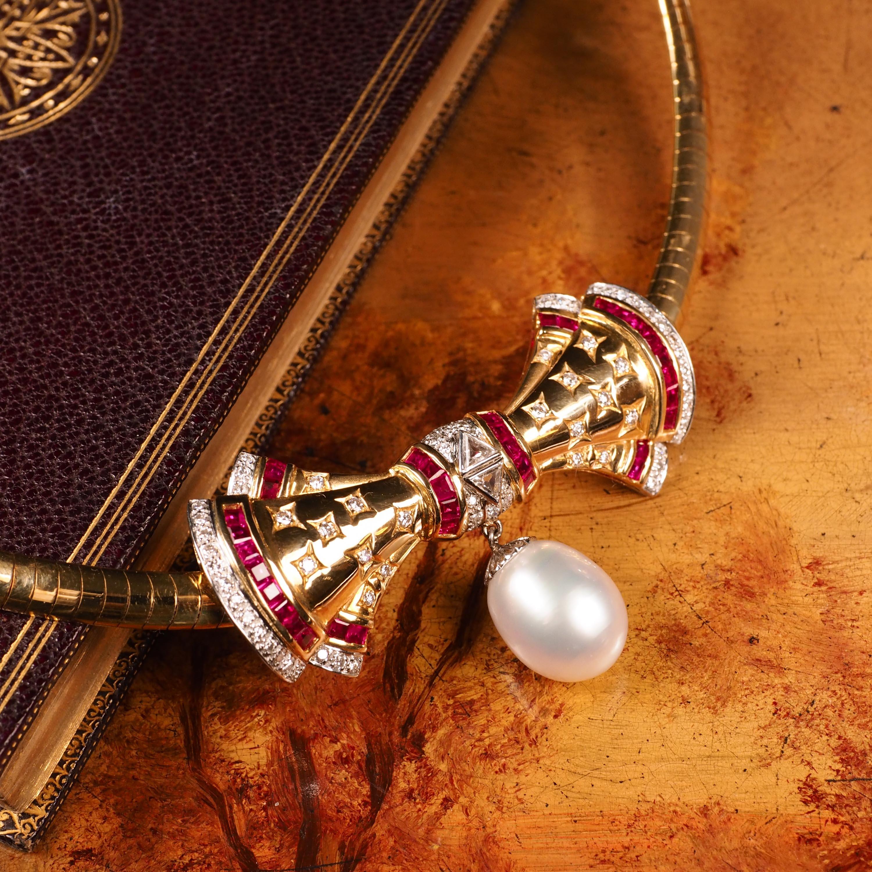 Halskette aus 18 Karat Gold mit Rubin, Diamant und Perlenschleife  im Angebot 7