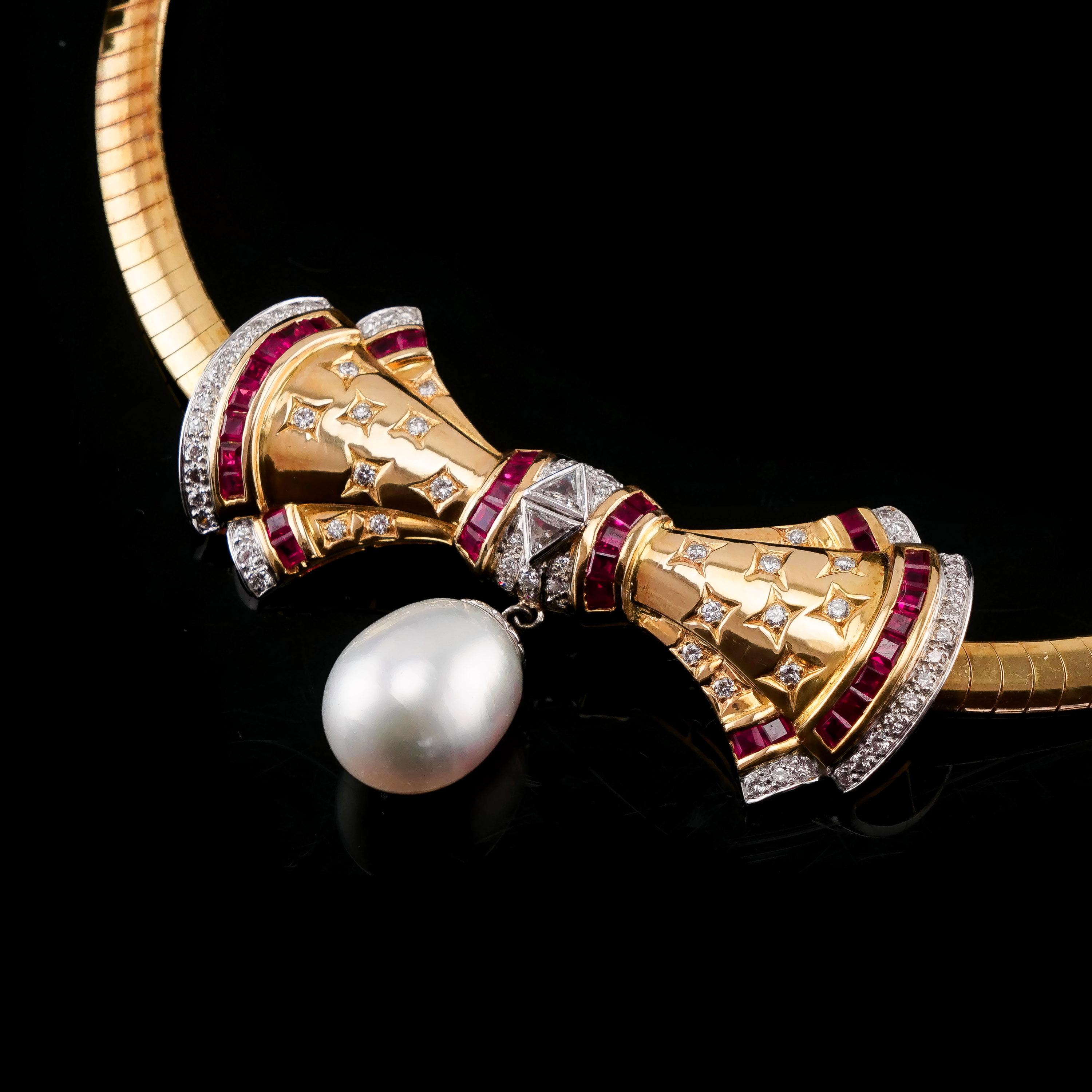 Collier ras du cou vintage en or 18K avec rubis, diamants et perles  en vente 8