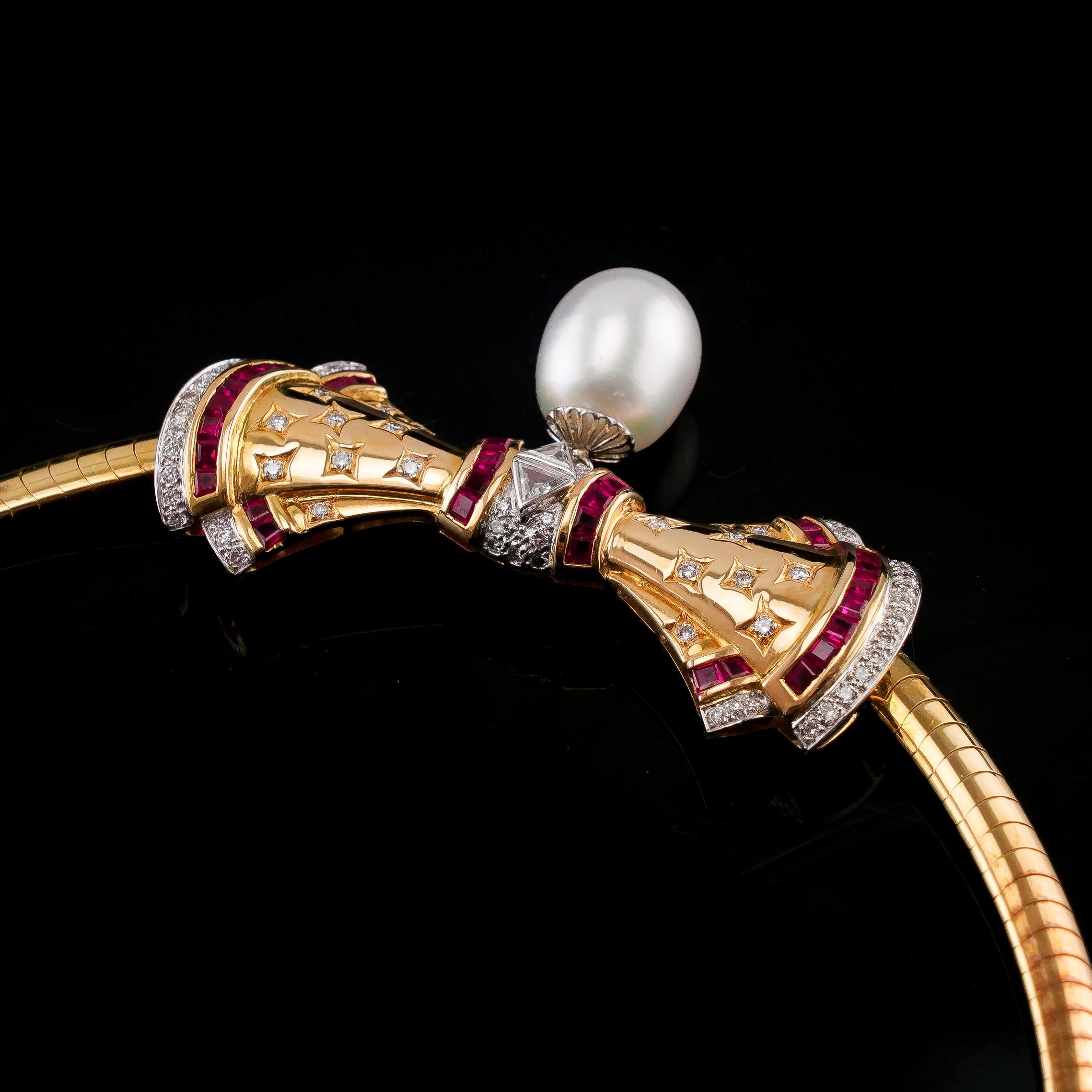 Vintage 18k Gold Ruby, Diamond & Pearl Bow Necklace Choker For Sale 6