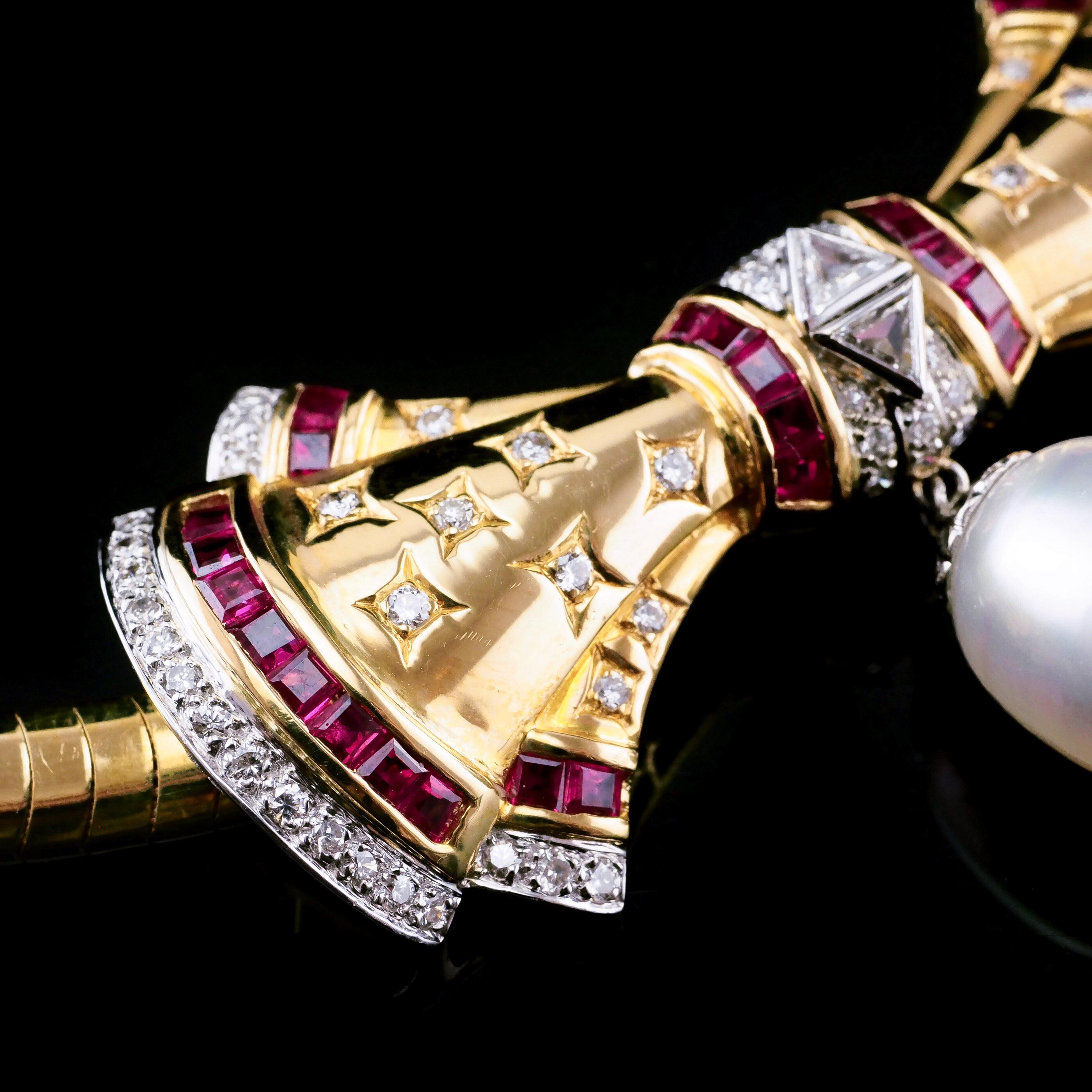 Collier ras du cou vintage en or 18K avec rubis, diamants et perles  en vente 10