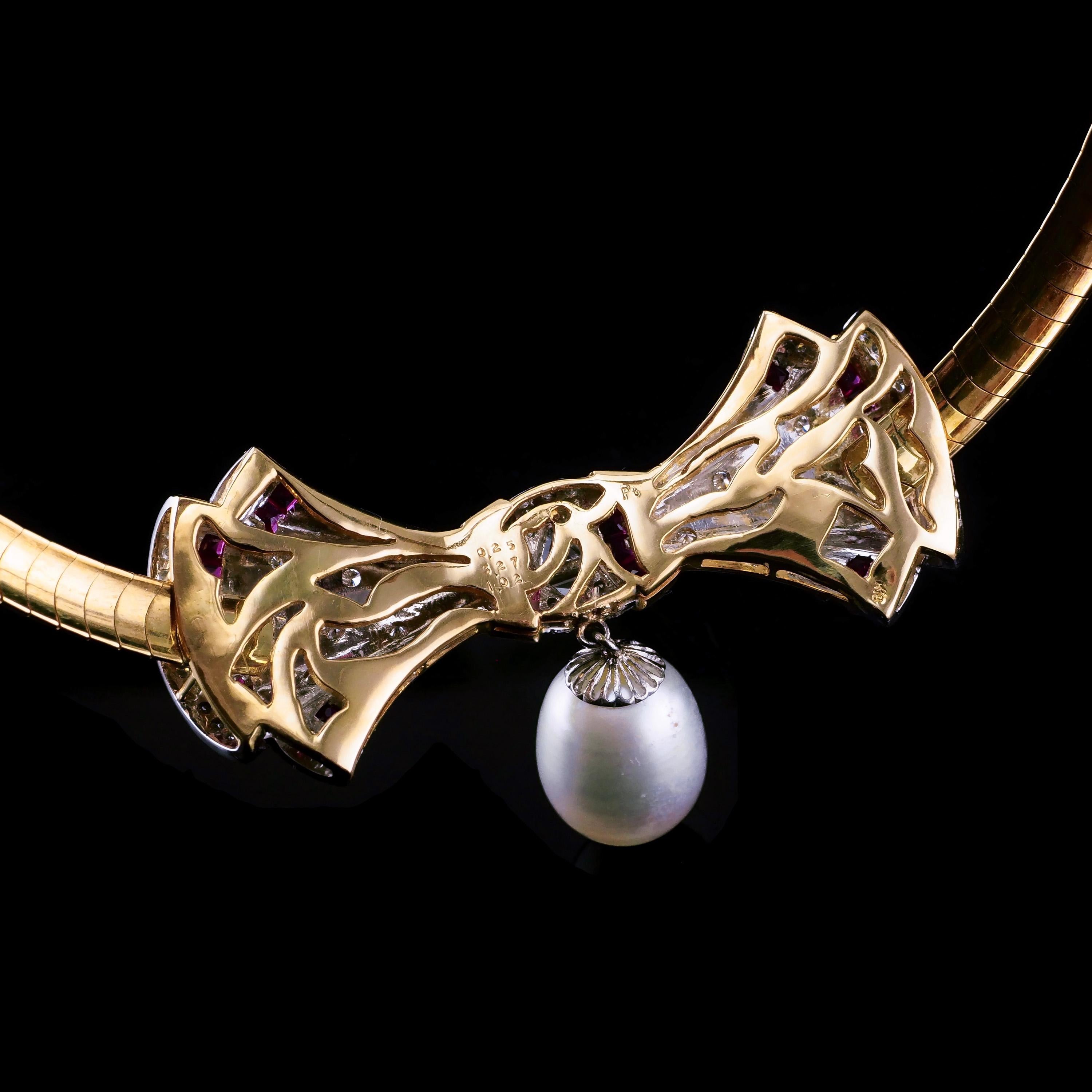 Halskette aus 18 Karat Gold mit Rubin, Diamant und Perlenschleife  im Angebot 14