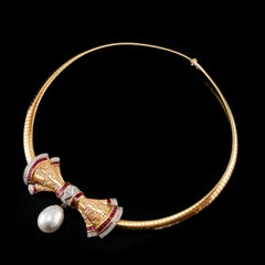 Vintage 18k Gold Ruby, Diamond & Pearl Bow Necklace Choker