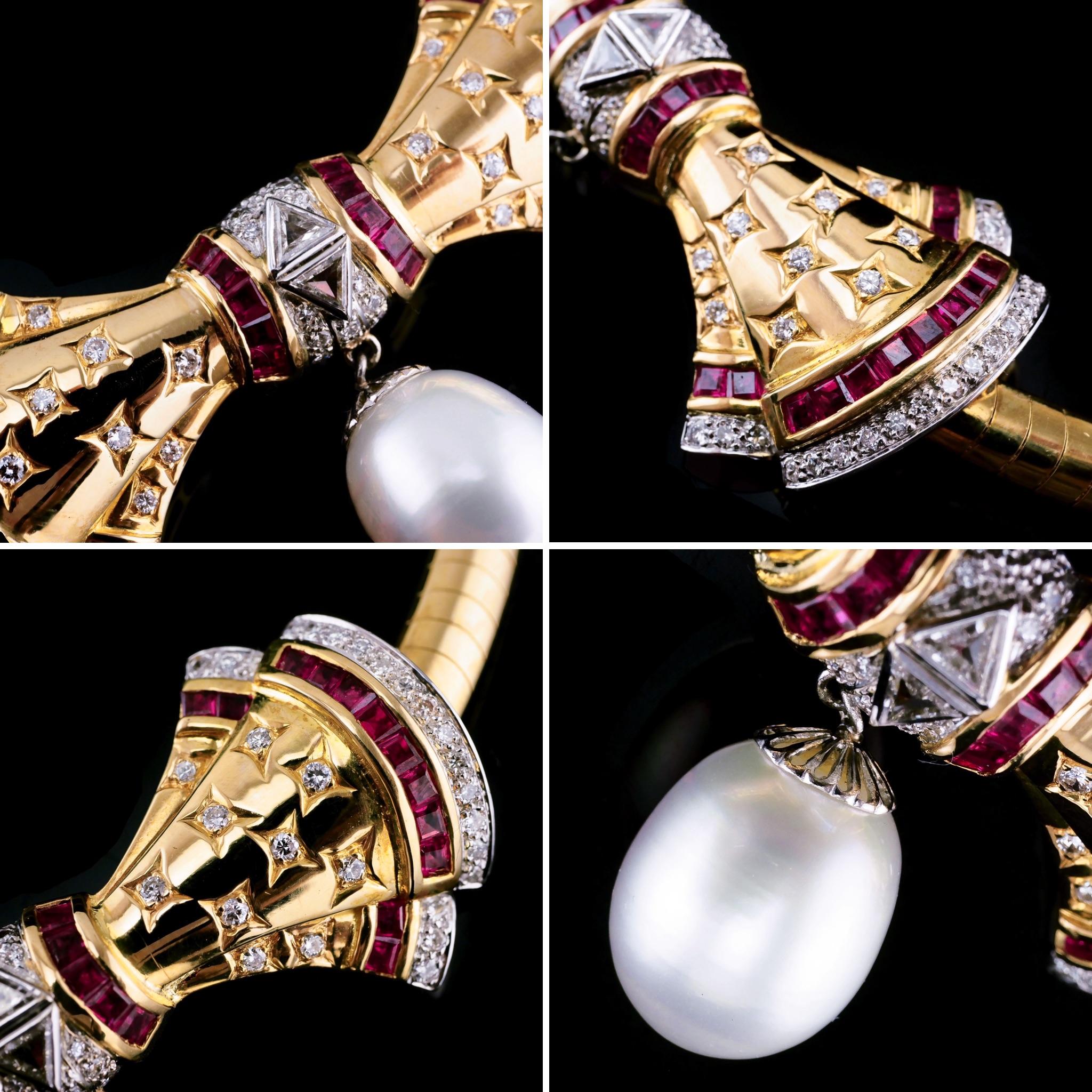 Collier ras du cou vintage en or 18K avec rubis, diamants et perles  Bon état - En vente à London, GB