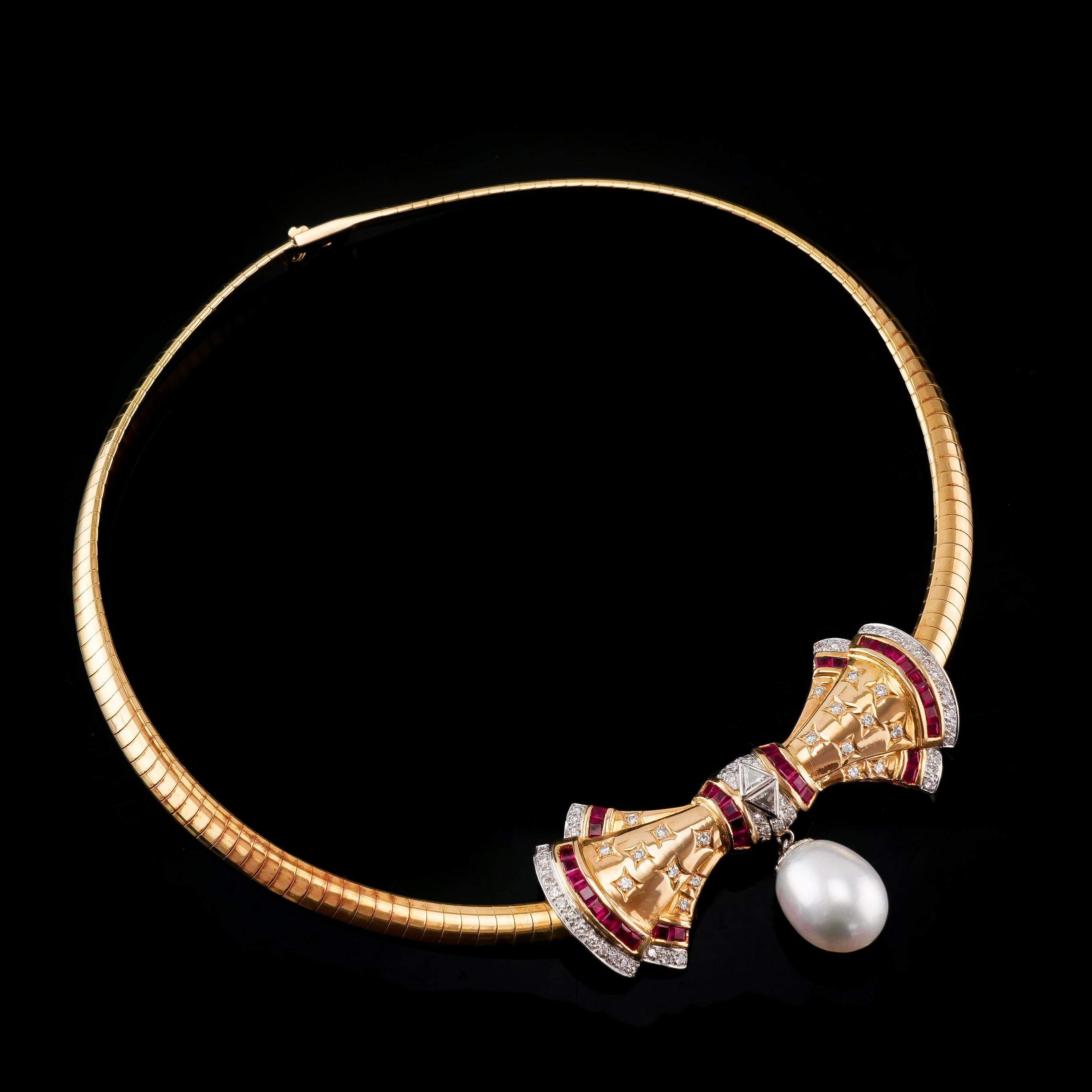 Halskette aus 18 Karat Gold mit Rubin, Diamant und Perlenschleife  für Damen oder Herren im Angebot