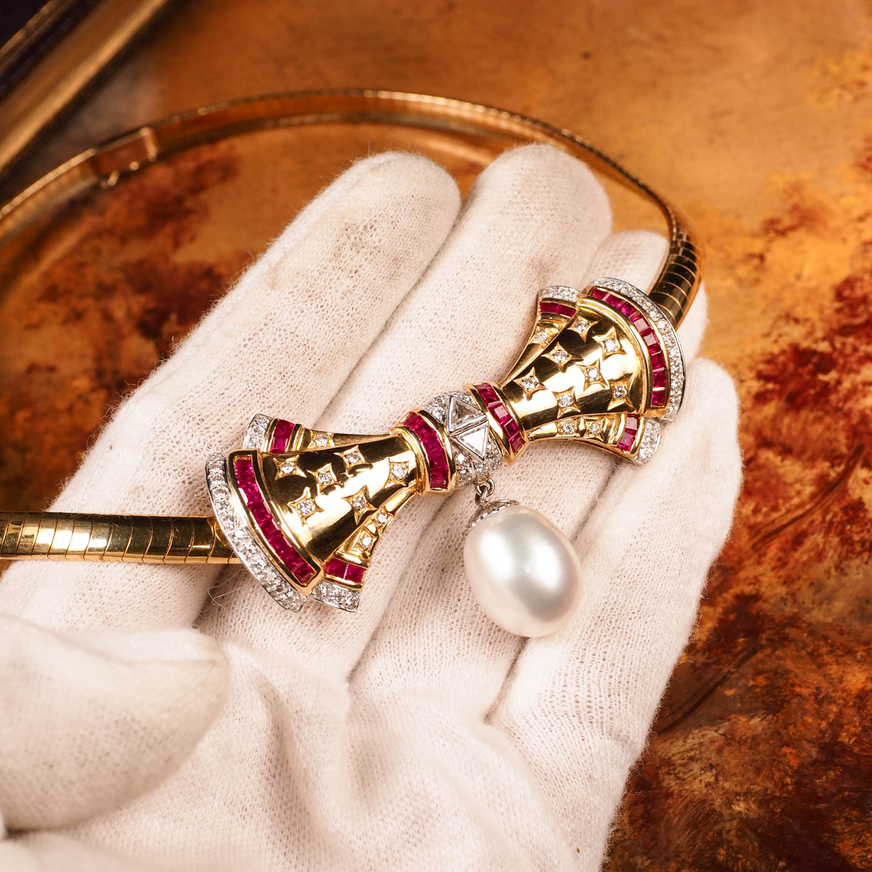 Collier ras du cou vintage en or 18K avec rubis, diamants et perles  en vente 1