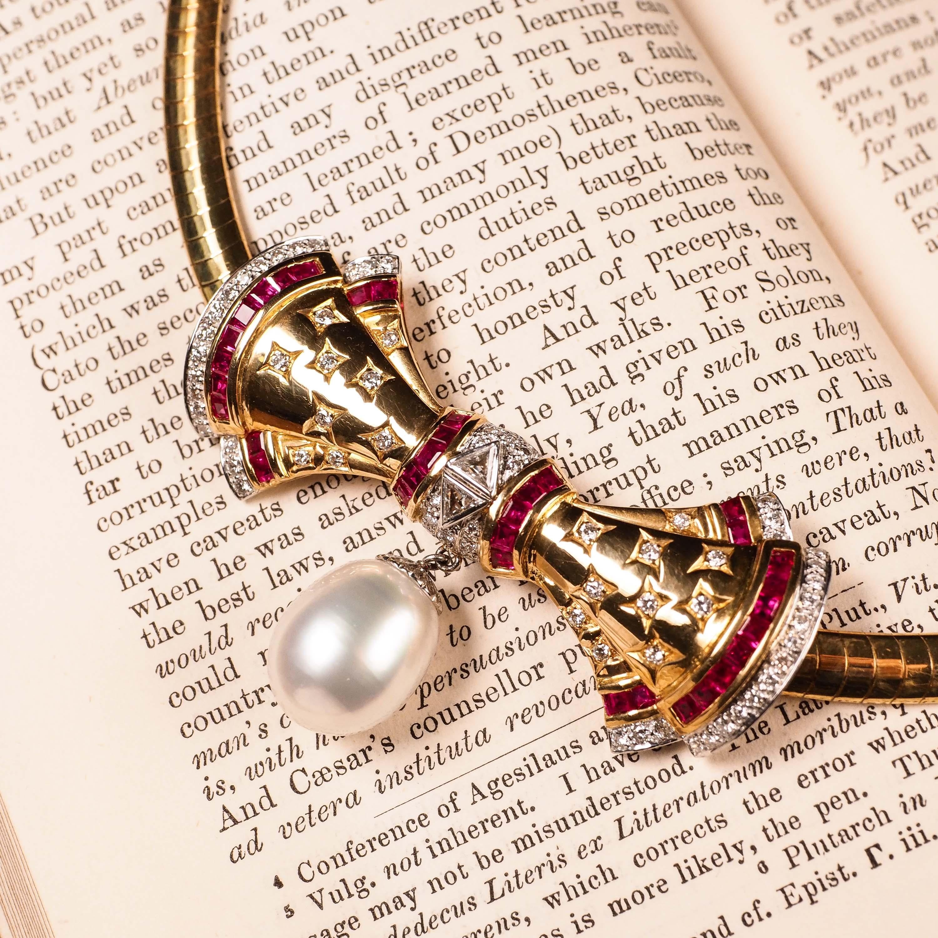 Halskette aus 18 Karat Gold mit Rubin, Diamant und Perlenschleife  im Angebot 2