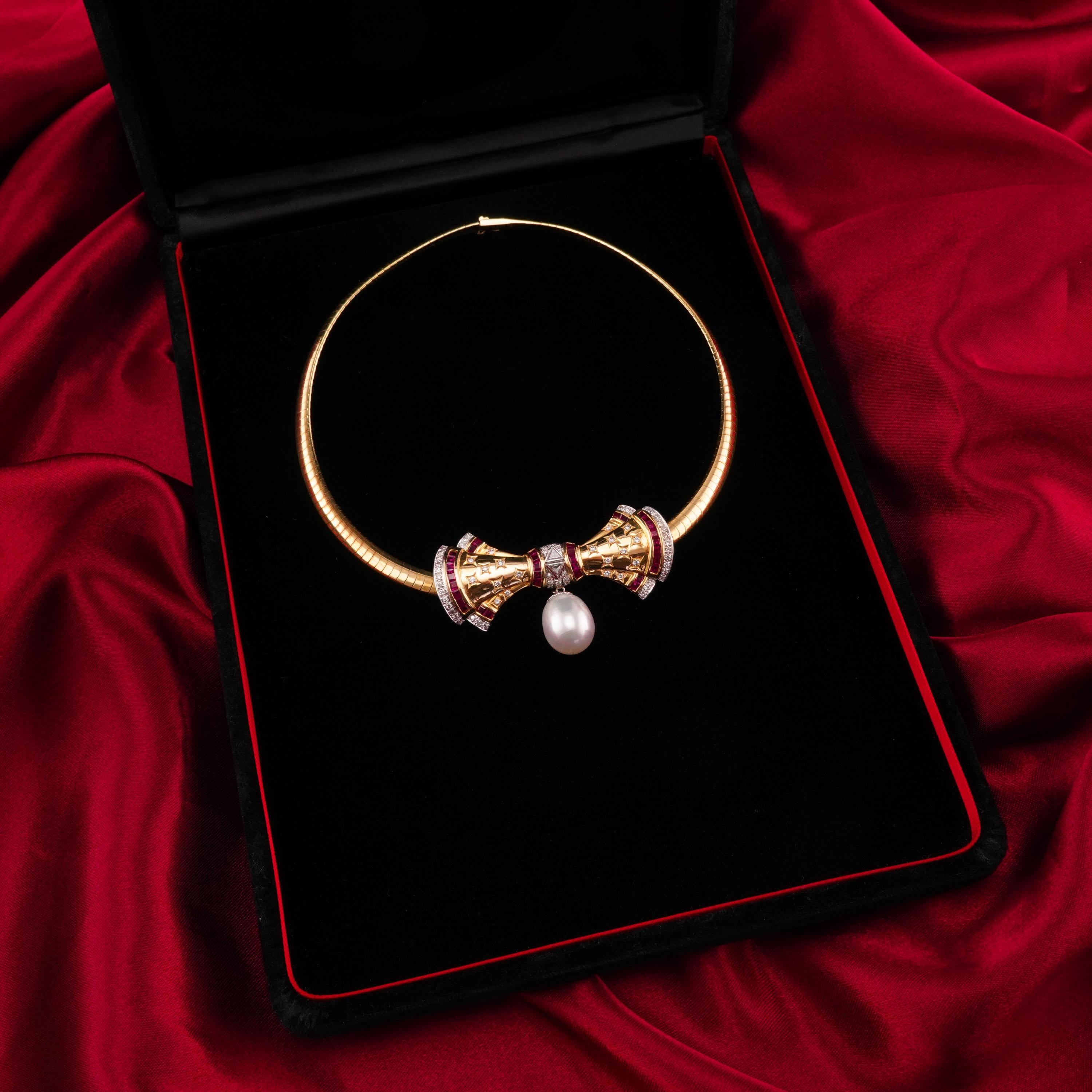 Women's or Men's Vintage 18k Gold Ruby, Diamond & Pearl Bow Necklace Choker For Sale
