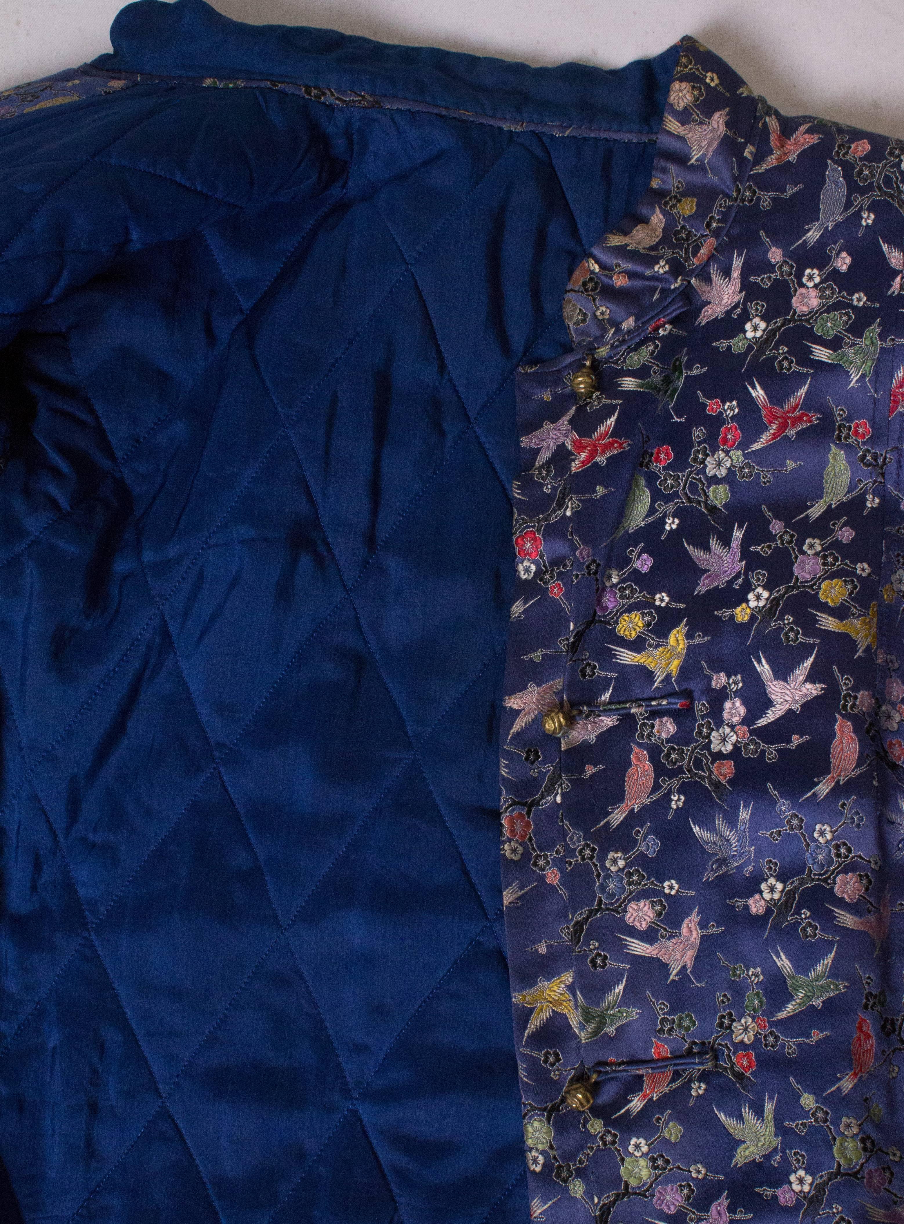 A Vintage 1950s Embroidered Floral Chinese Blue Silk Jacket For Sale 1
