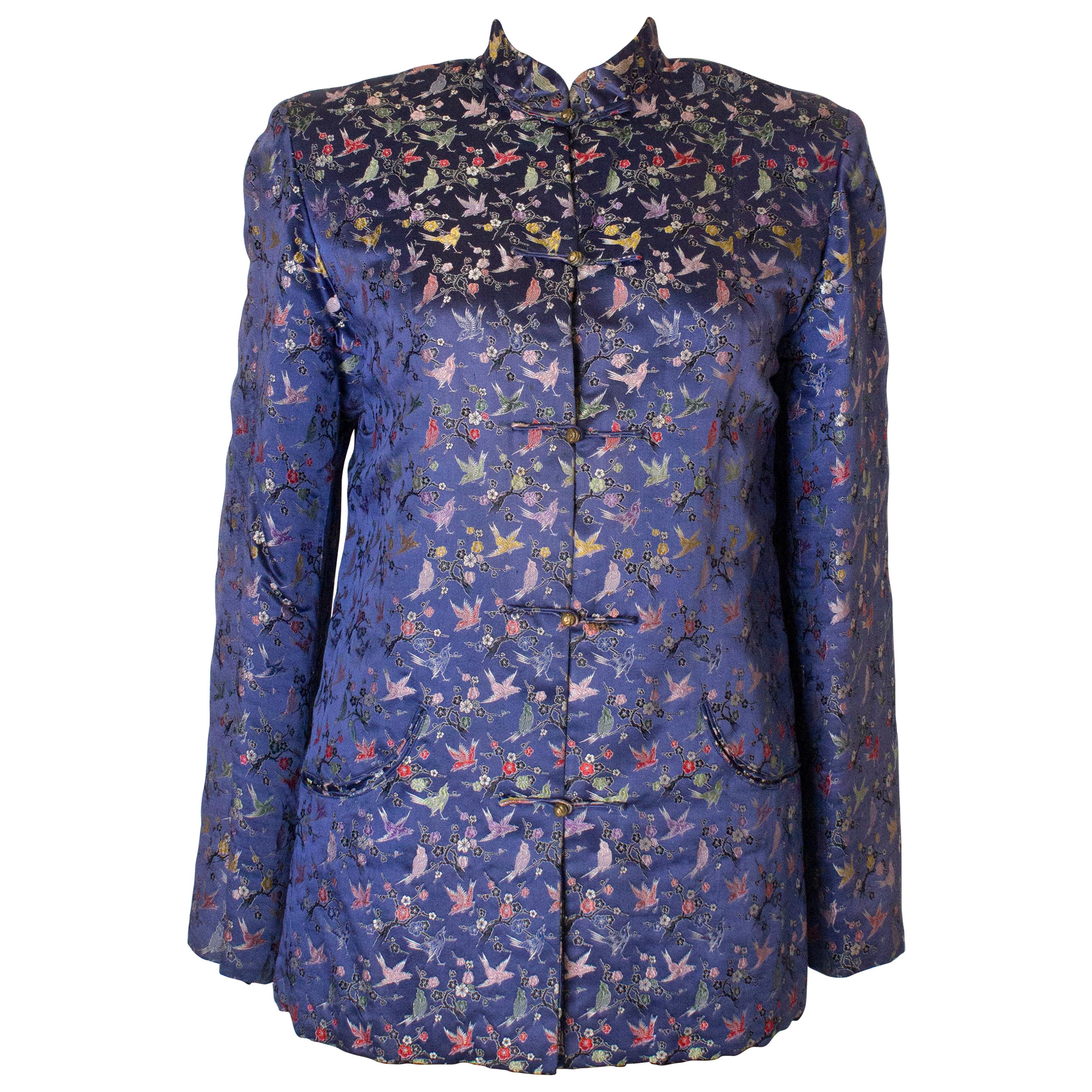 A Vintage 1950s Embroidered Floral Chinese Blue Silk Jacket For Sale