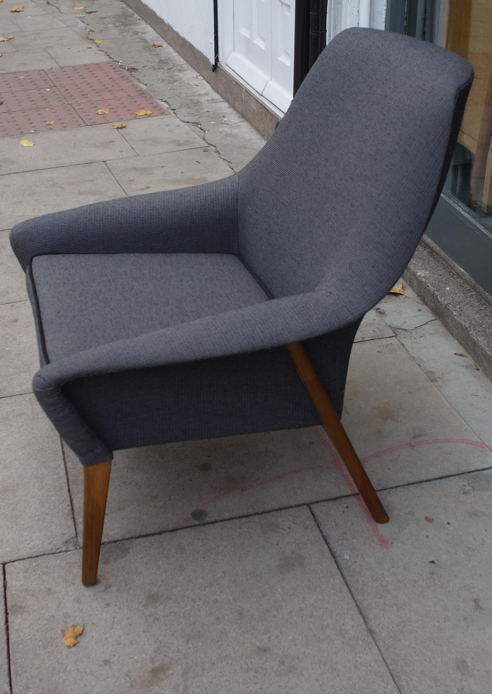 A very rare, comfortable and stylish vintage 1950s English 'Maldon' armchair, newly reupholstered in a grey and black 100% wool textile with black piping on the seat cushion, on an external Walnut framed base. This armchair is in excellent vintage