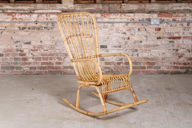 A Vintage 1960s Boho Bamboo Rocking Chair For Sale at 1stDibs