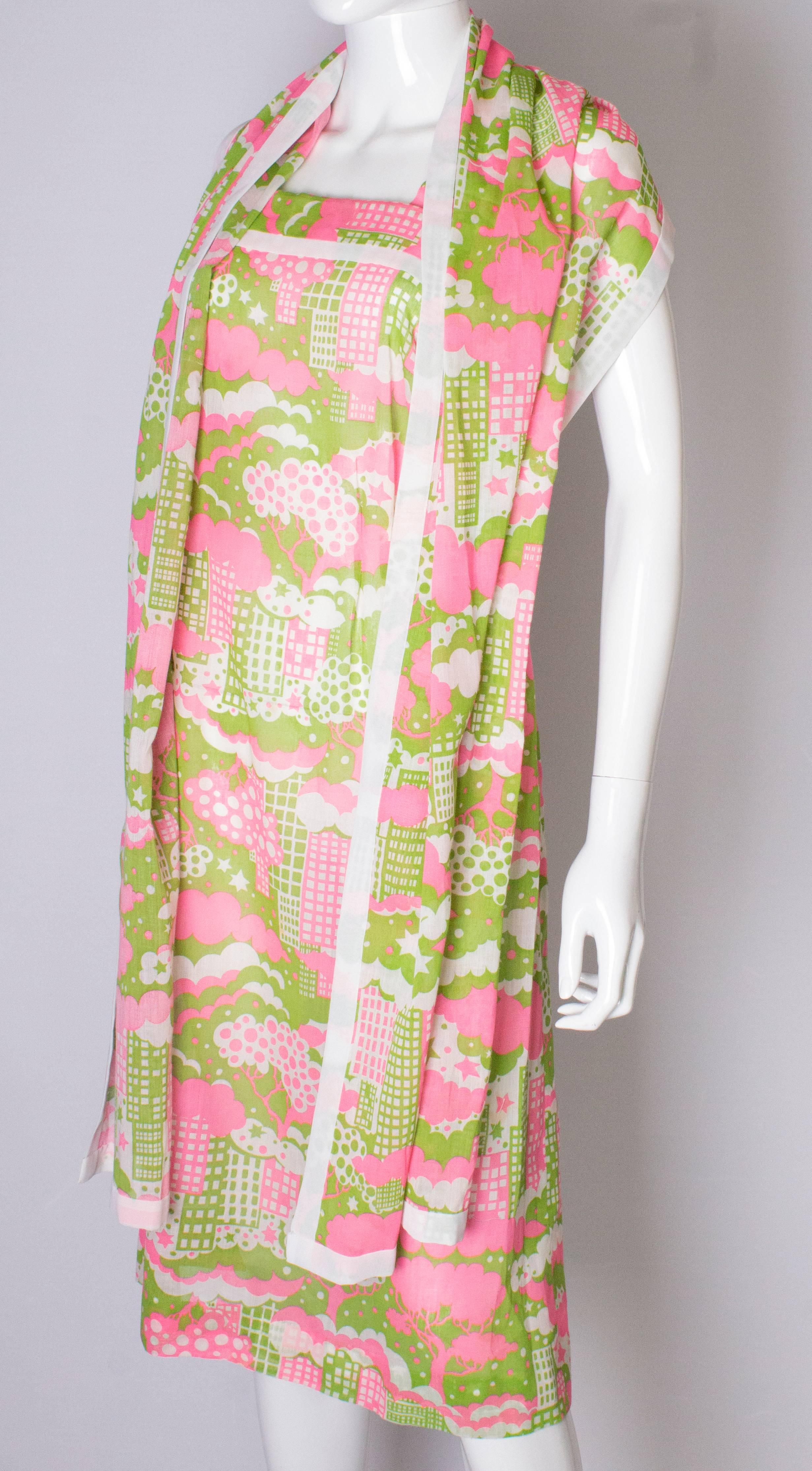 Beige A Vintage 1960s Colourful  Print Sundress and Matching Scarf For Sale